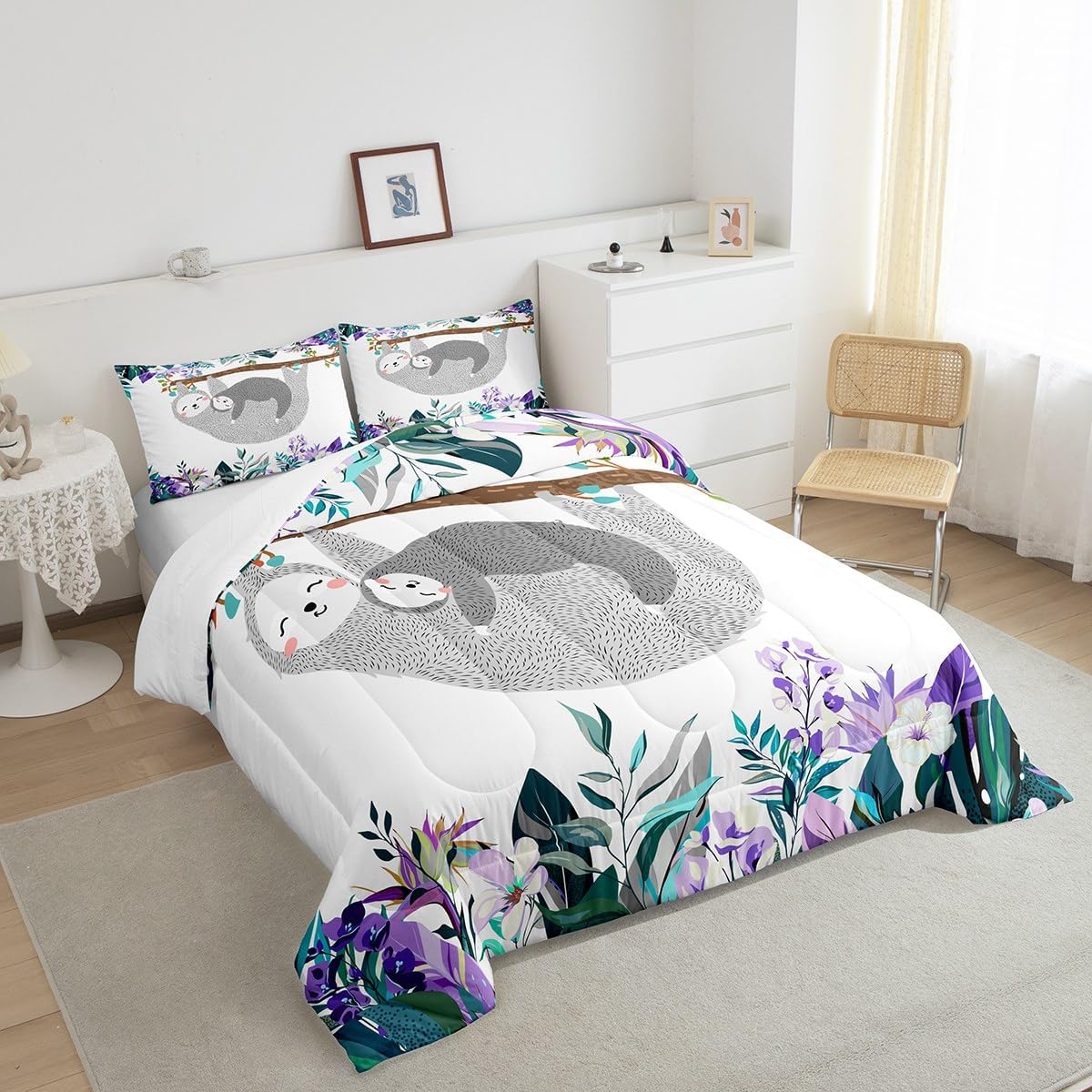 Erosebridal Sloth Comforter Set Queen Size, Lovely Sloth On Tree Down Comforter for Kids Boys Girls, Animal Bedding Set Botanical Floral Duvet Sets Cartoon Room Home Decor with 2 Pillow Cases