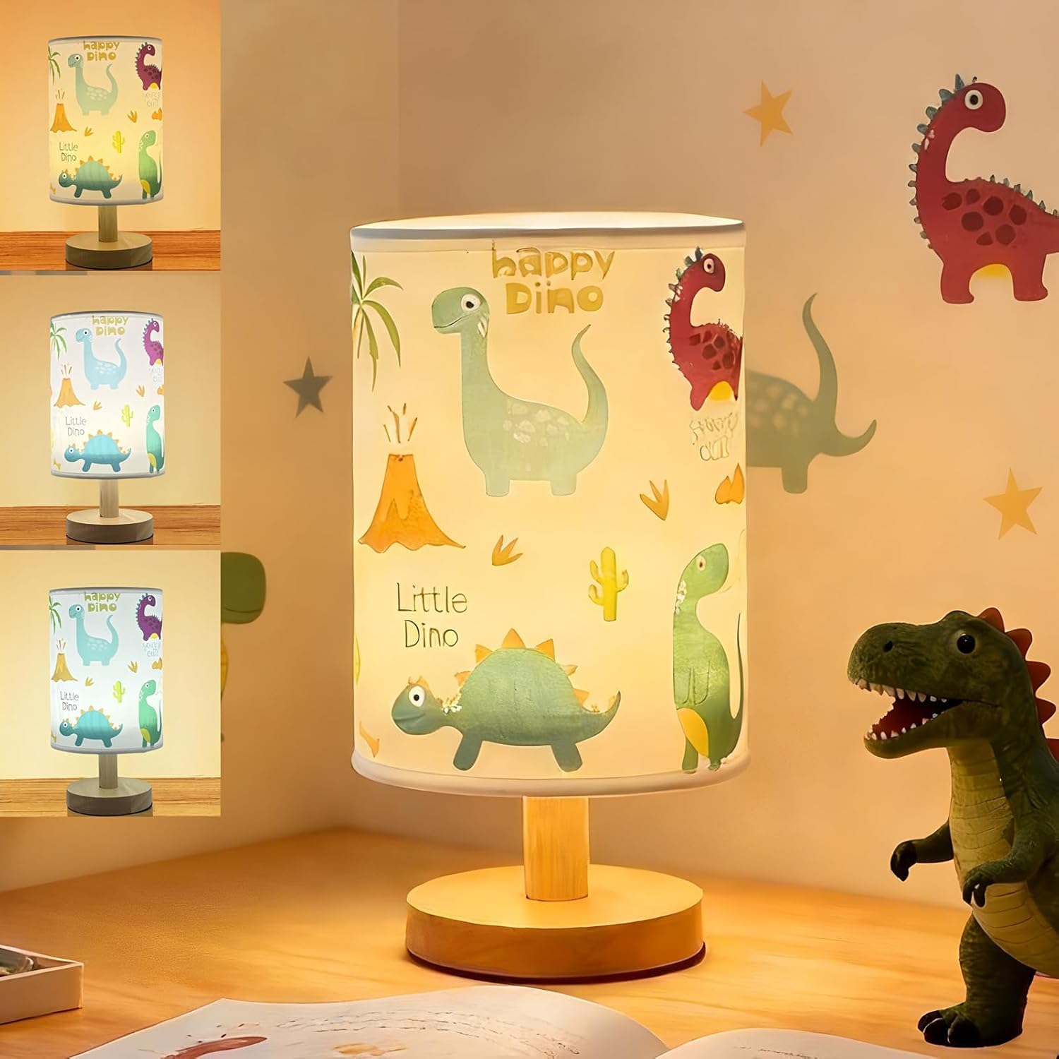 Kids Table Lamp for Bedroom, Dinosaur Room Decor for Boys, 3-Level Dimmable LED Bedside Reading Light with Linen Fabric Shade and Solid Wood Base for Bedroom Living Room, Dinosaur Gifts for Boys