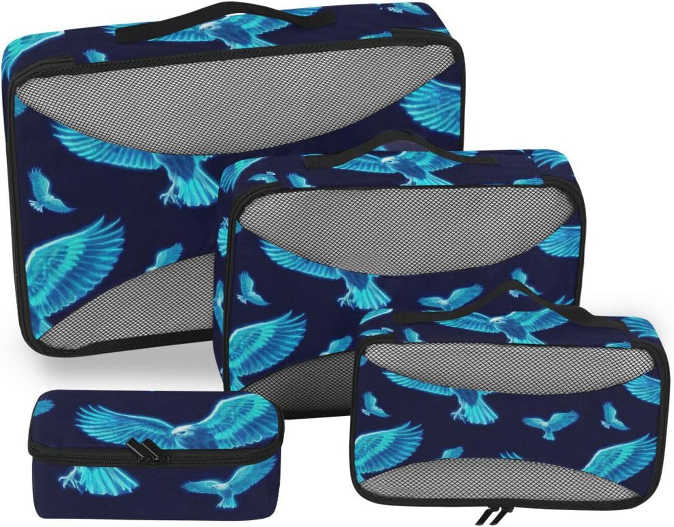 Blue Neon Fluorescent Bird 4 Pcs set organizer for travel Mesh Travel Essentials lightweight set packing cubes