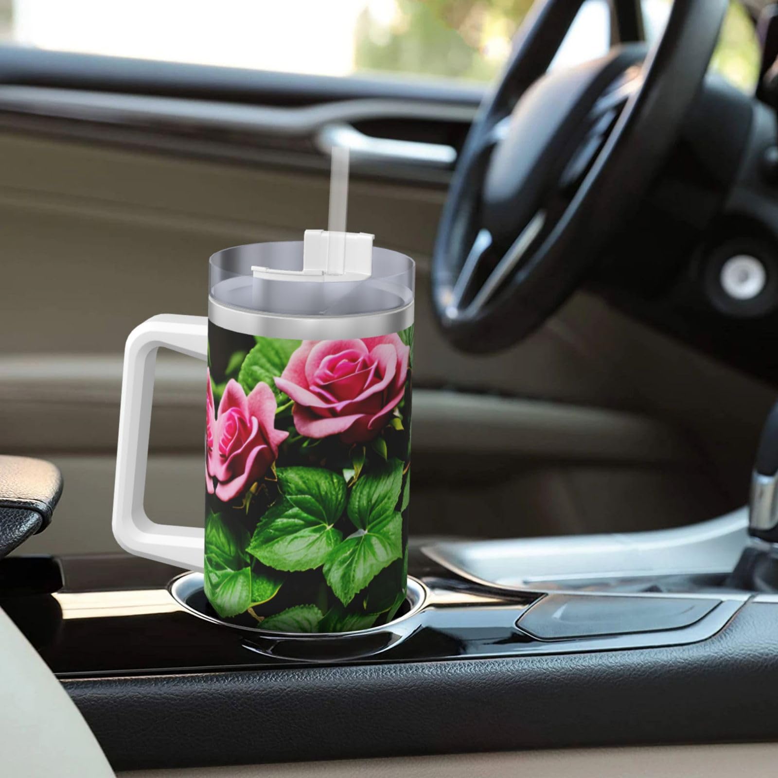 Trinkflasche mit Blumen-Rosen-Efeu mit Blättern, Edelstahl, doppelwandig, isoliert, mit Griff und Strohhalm-Deckel, 1,2 l