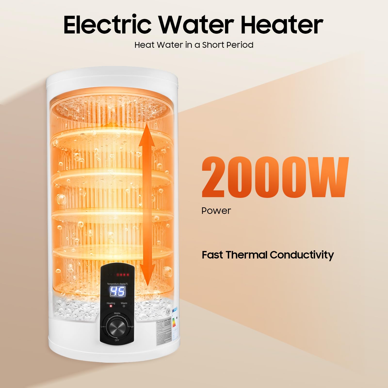 Elektryczny zbiornik ciepłej wody 50 l, bojler ciepłej wody, 2000 W, 220 V, wiszący na ścianie, oszczędność energii, moc grzewcza, bojler, emaliowany pojemnik wewnętrzny, ekran LED (50 l)