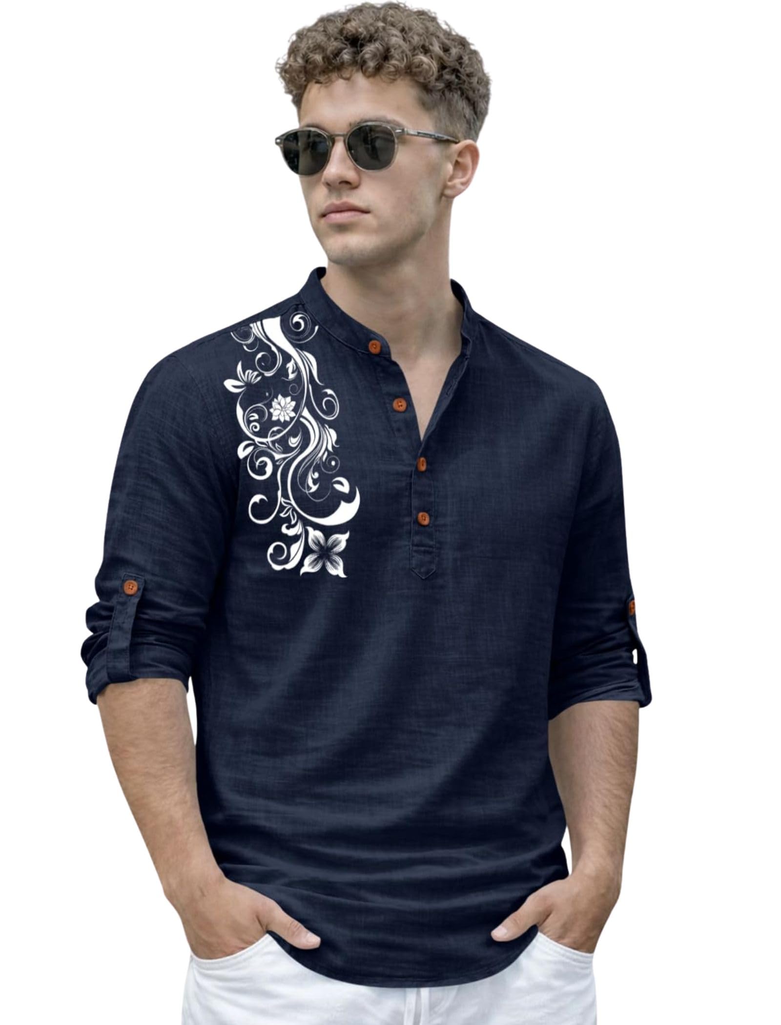 zombom Men's Cotton Blend Short Kurta with Self-Printed Pattern | Full Sleeve Mandarin Collar Stylish Ethnic Kurta for Casual and Stylish Look | Short Kurtas for Mens-picture-26