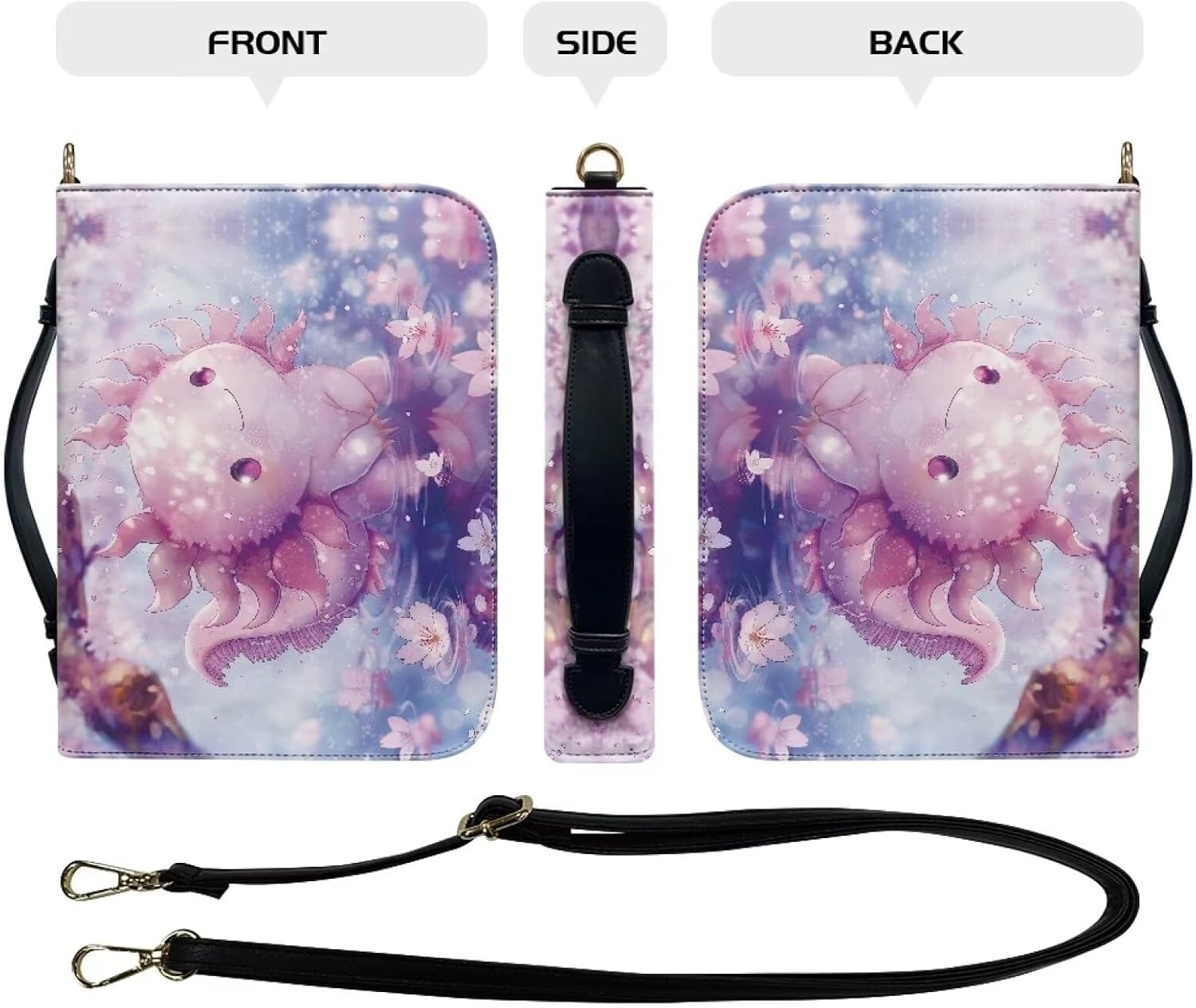 Cherry Blossom Axolotl Leather Bible Cover with Bookmark and Book Fixing Straps Church Study Book Carrier for Standard and 2X-Large Size Study Bible for Church,Travel,Or Daily Use