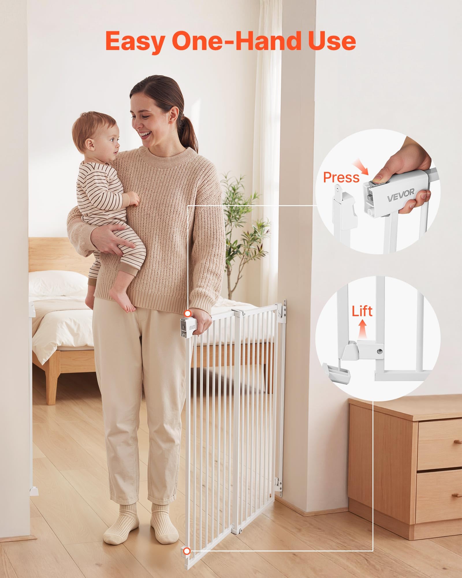 VEVOR Barrera de Seguridad para Niños, Alto de 760 mm, Ajustable de 778-1210 mm, Valla de Seguridad para Mascotas, Cierre Automático Apertura 180° Bloqueo Doble, Kit de Instalación, para Escaleras