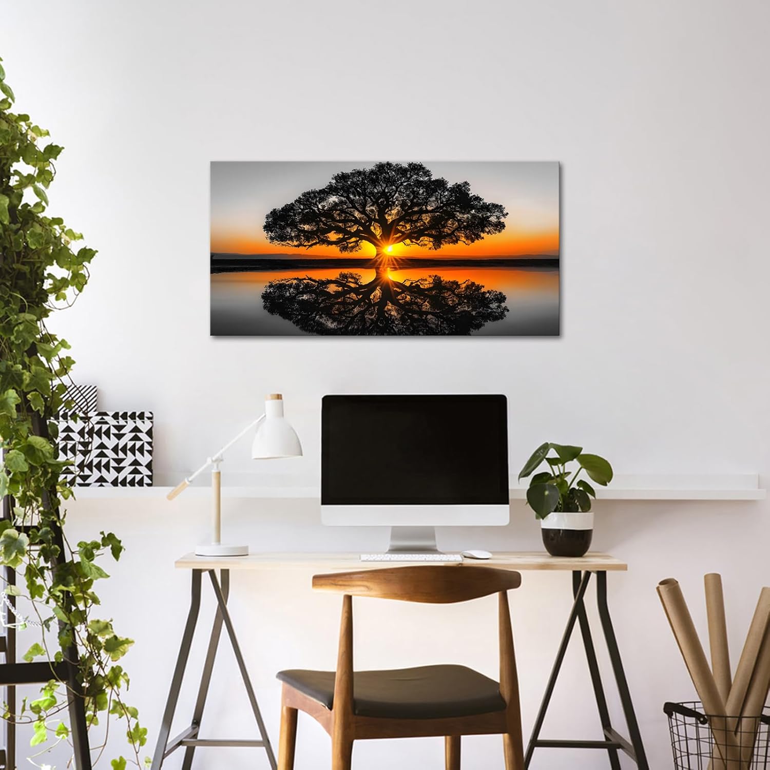 iKNOW FOTO Black and White Oak Tree Canvas Wall Art - 20x40'' Natural Landscape Sunset Reflections, Gallery Wrapped Tree Painting for Living Room Home Decor, Ready to Hang Wall Décor - Image 3