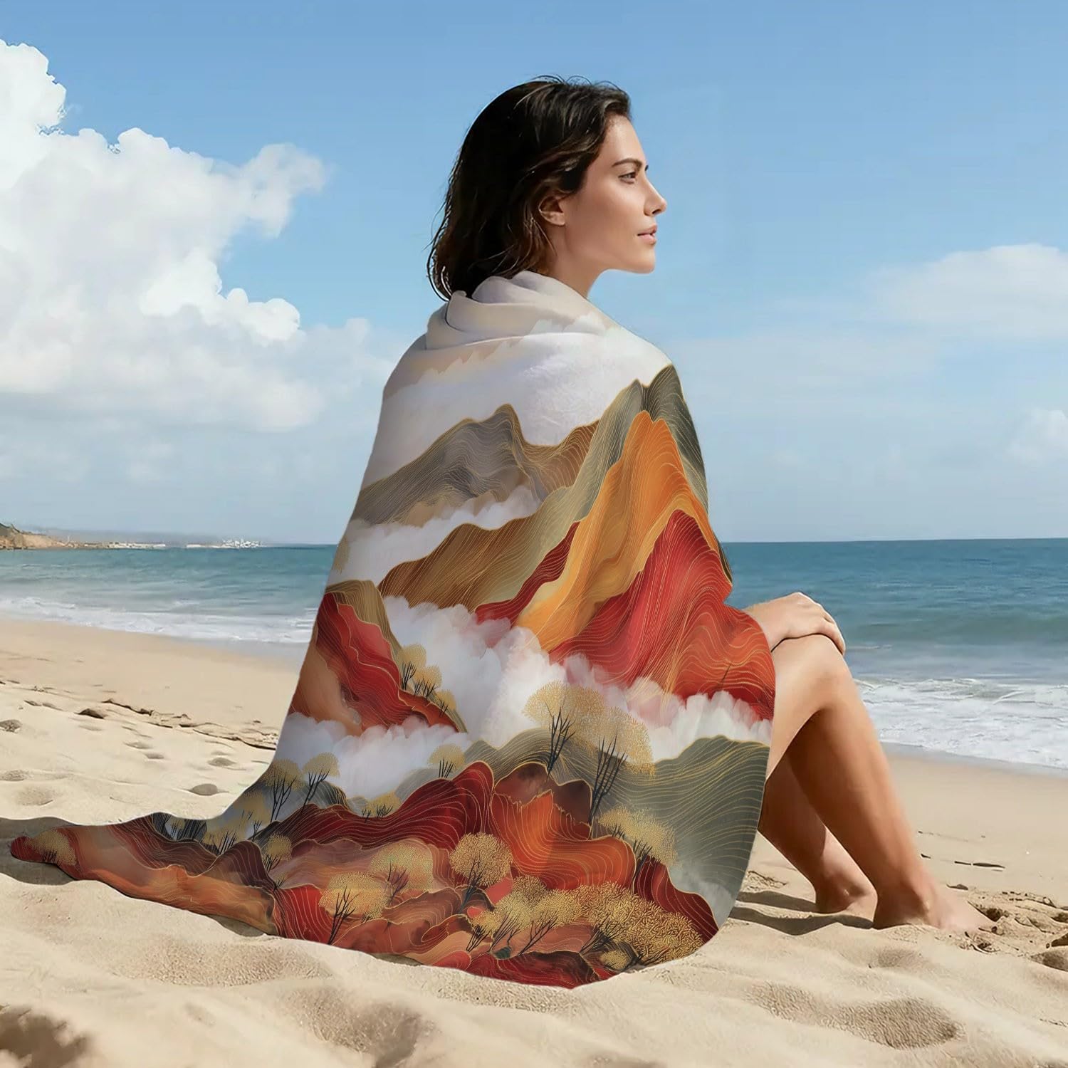 Générique Serviette de Plage Microfibre Traditional Classic, Drap de Plage Luxe Calme Élégant Nature Paysage Montagnes Séchage Rapide Anti Sable & Légère, Serviette de Bain 180 cm x 160 cm Accessoire
