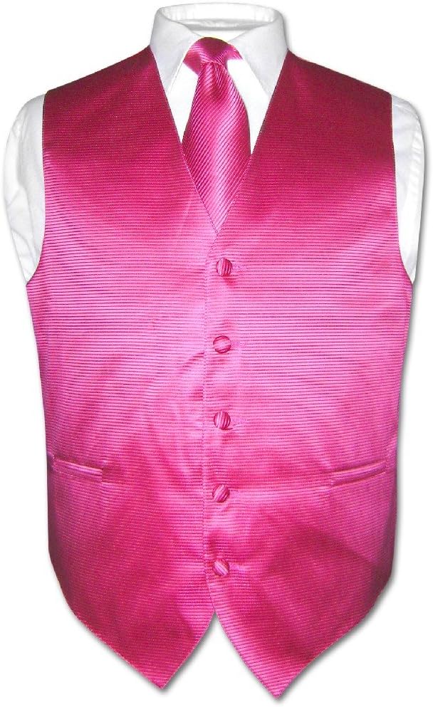 Vesuvio Napoli Men's Dress Vest NeckTie Hot Pink Fuchsia Woven Neck Tie Horizontal Stripe Set
