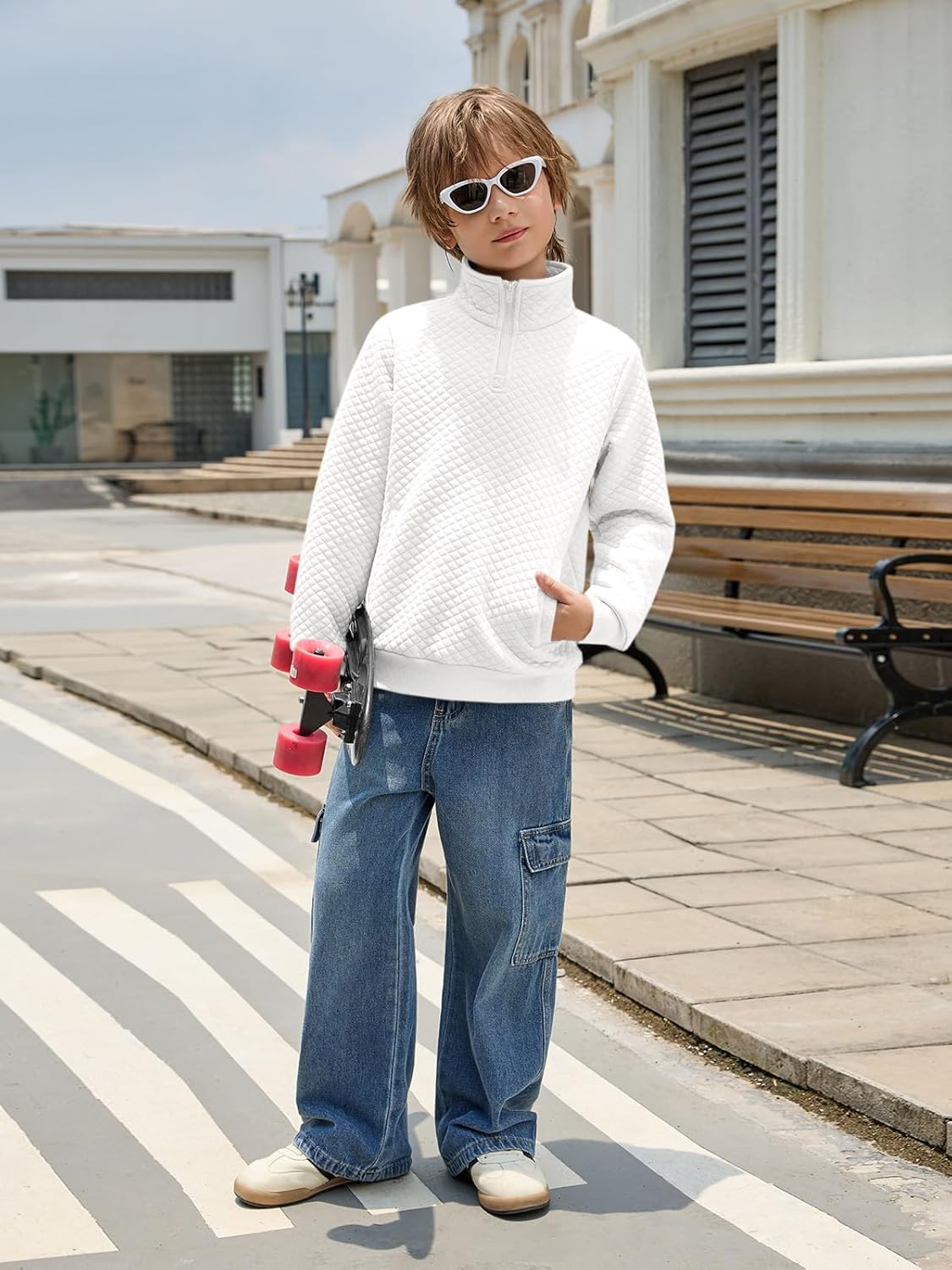Haloumoning Boys Quarter Zip Quilted Sweatshirts Kids Fashion Long Sleeve Pullover Clothes 5-14 Years