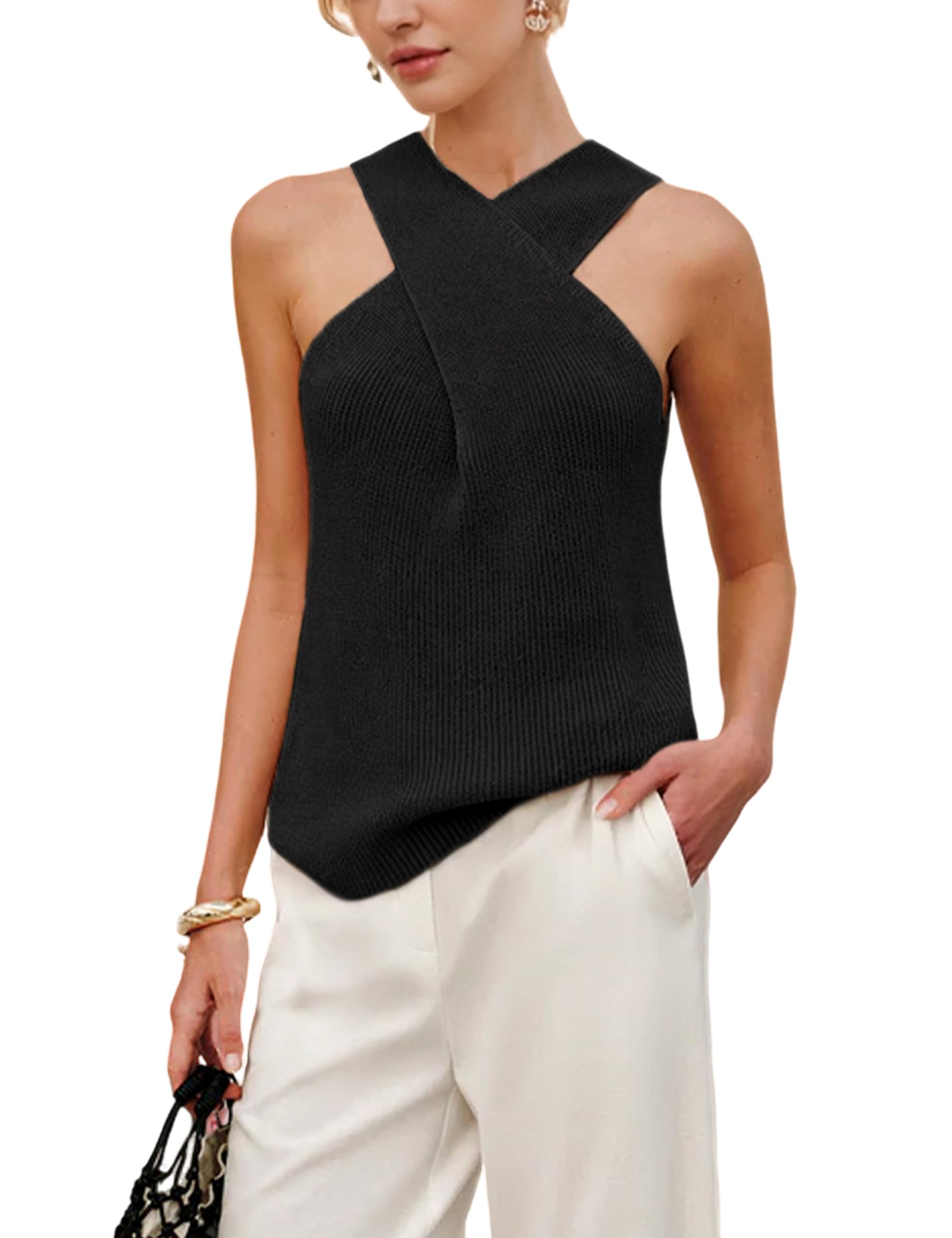 Yeokou Women Halter Cross Over Collar Tank Knit Sleeveless Top Solid Color Casual Summer Blouse