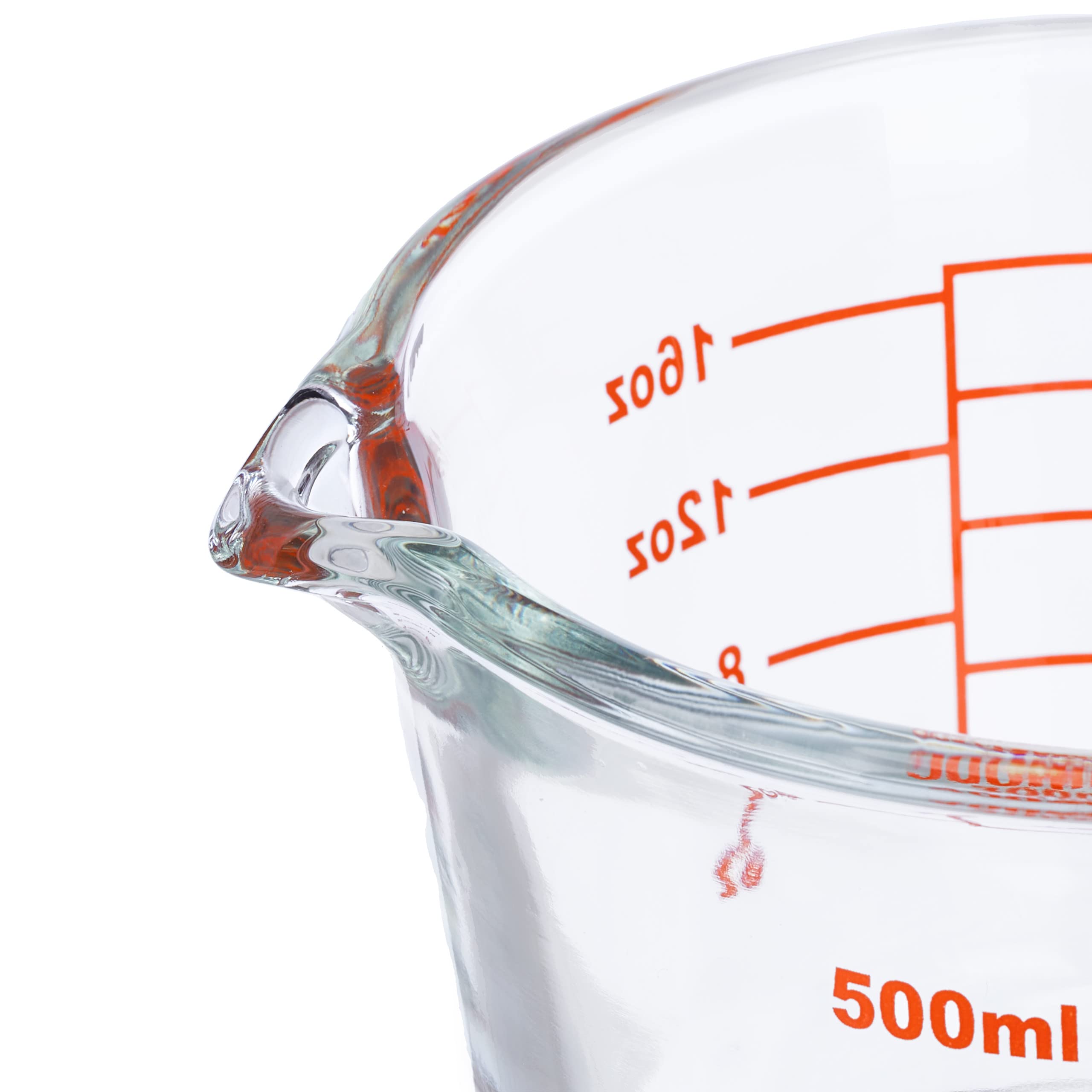 Relaxdays Miarka szklana, 500 ml, odporna na wysokie temperatury, nadaje się do kuchenki mikrofalowej, skala w mililitrach, kubki, oz, przezroczysta, czerwona, 9 x 13 x 17,5 cm