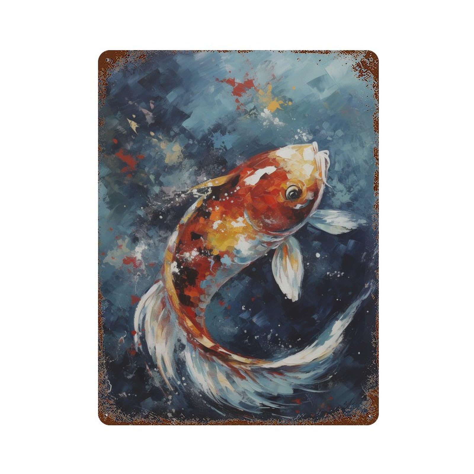 Colorful Koi Fish Painting-5 15.7"x11.8" Distressed Metal Wall Sign, Retro Wall Decor for Garage, Bar And Workshop Decor