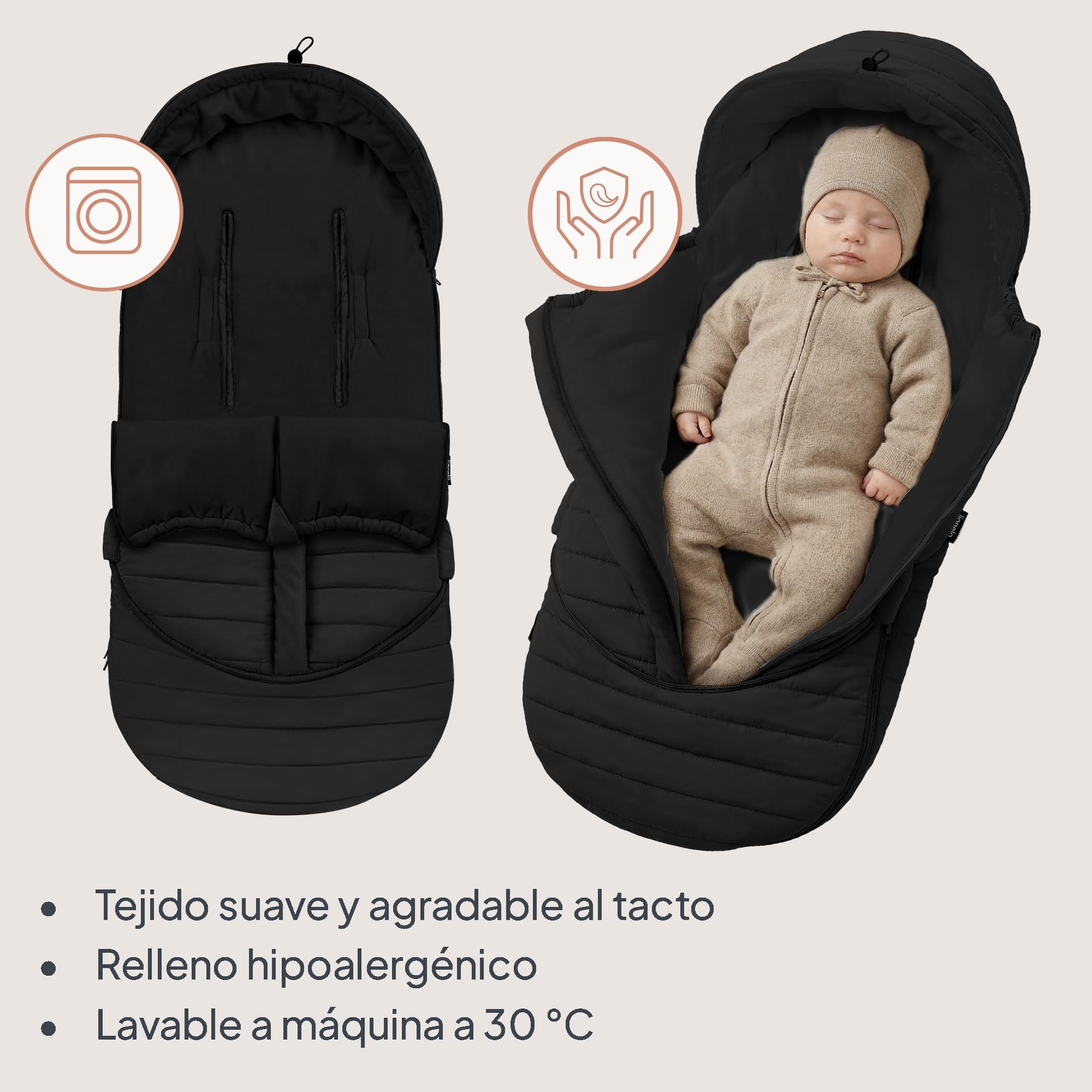 Lionelo Oli saco invierno cochecito universal 2 en 1 para capazo y silla de paseo, saco térmico bebé impermeable, compatible con arnés de 5 puntos, protección térmica para frío intenso