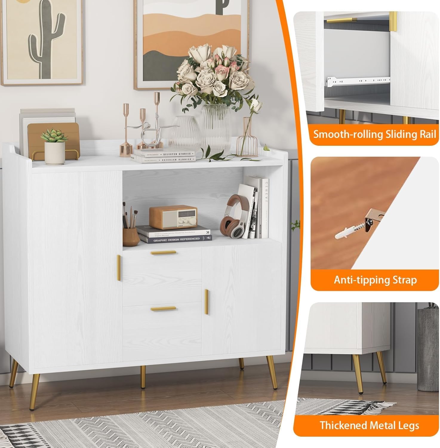Modern Storage Solution Buffet Sideboard Cabinet – Wooden, 40 Inch, with Drawers, Doors, Adjustable Shelves, Open Compartments – Perfect for Kitchen, Dining Room, Living Room – Color: White