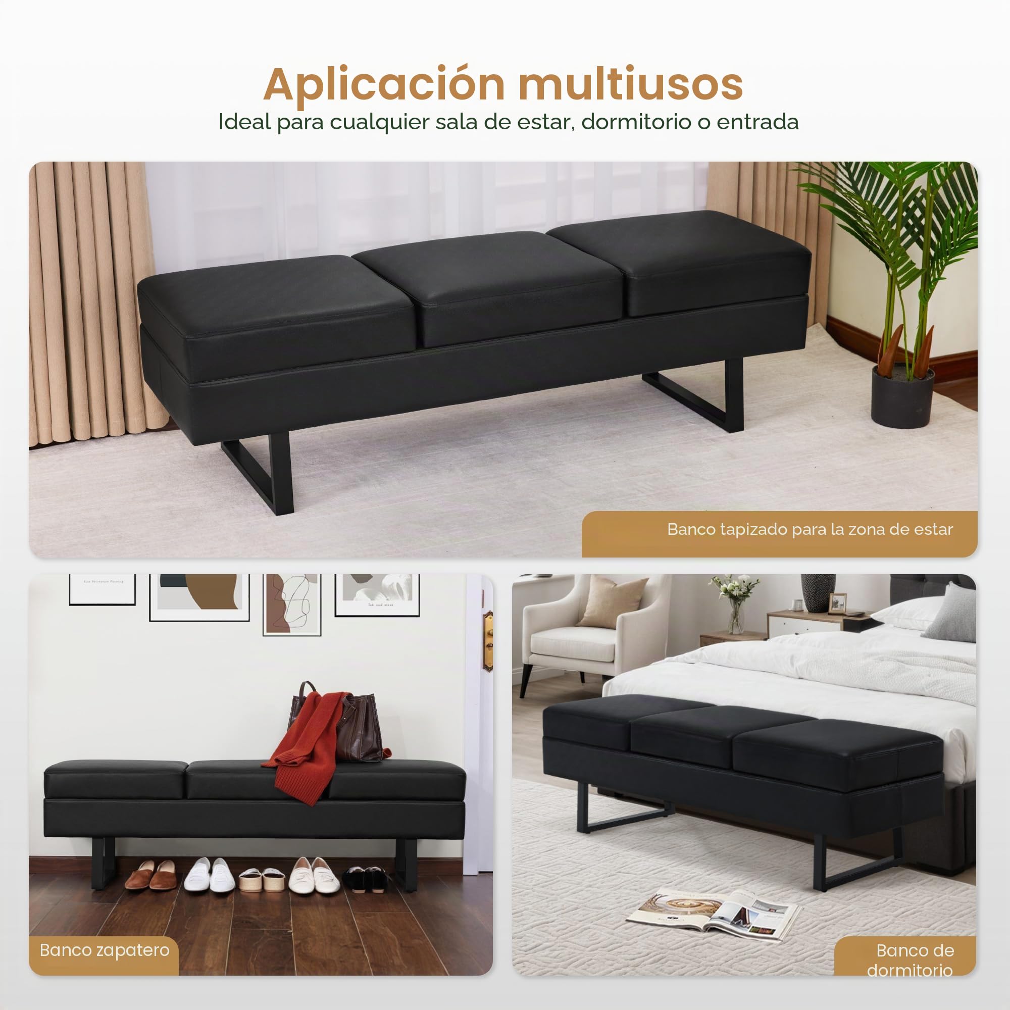 BarberPub 3 plazas para salón de SPA, Ancho 153 cm, Banco de Espera para peluquería, Acolchado para Dormitorio, de Cama para salón, mobiliario de peluquería W513 (Negro/Cuero sintético)