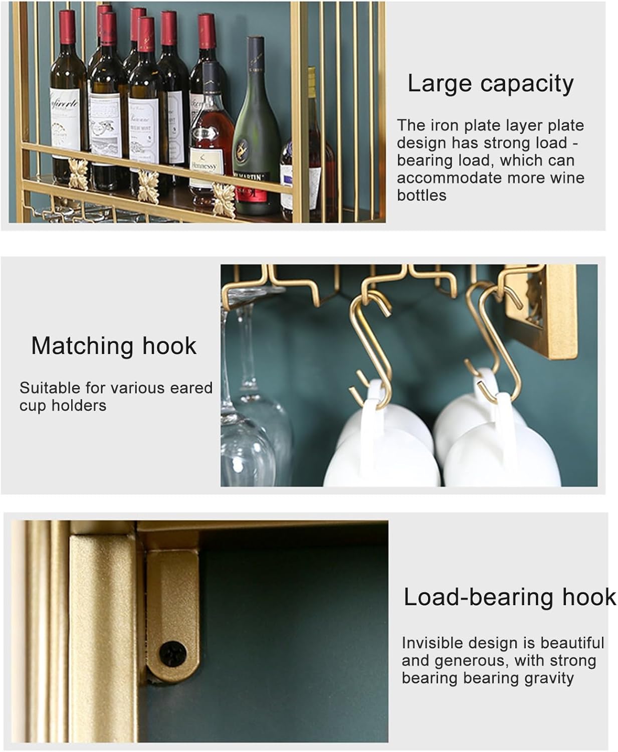 Wall Mounted Wine Rack with Glass Holder, Bottle Rack Wine Bottle Rack, Rustic Wine Bottle Rack, Metal Wine Rack, Wine Rack for Home, Restaurant, Bar (