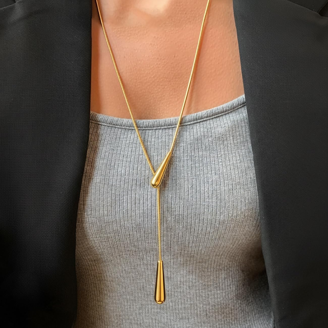 Gold Long Y Necklaces for Women, Trendy Dainty Lariat Chain Drop Pendant Adjustable Necklace 14k Gold Plated for Women Gold Silver Statement Jewelry Gift Non Tarnish