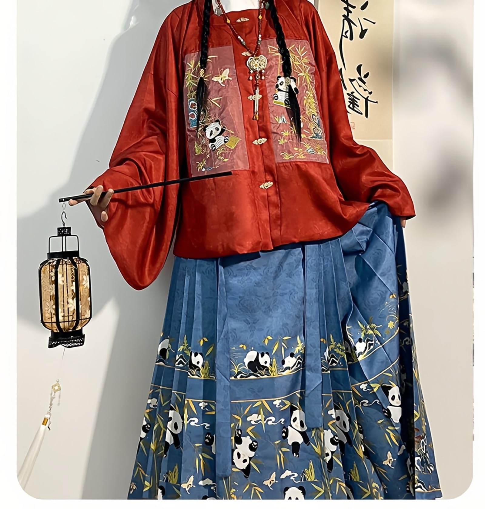 Chiński tradycyjny kostium Hanfu Dress, chińska od dla kobiet Płaszcz z haftowanym kołnierzem i pluszowa kurtka Spódnica z twarzą konia Noworoczna(Red,Medium)