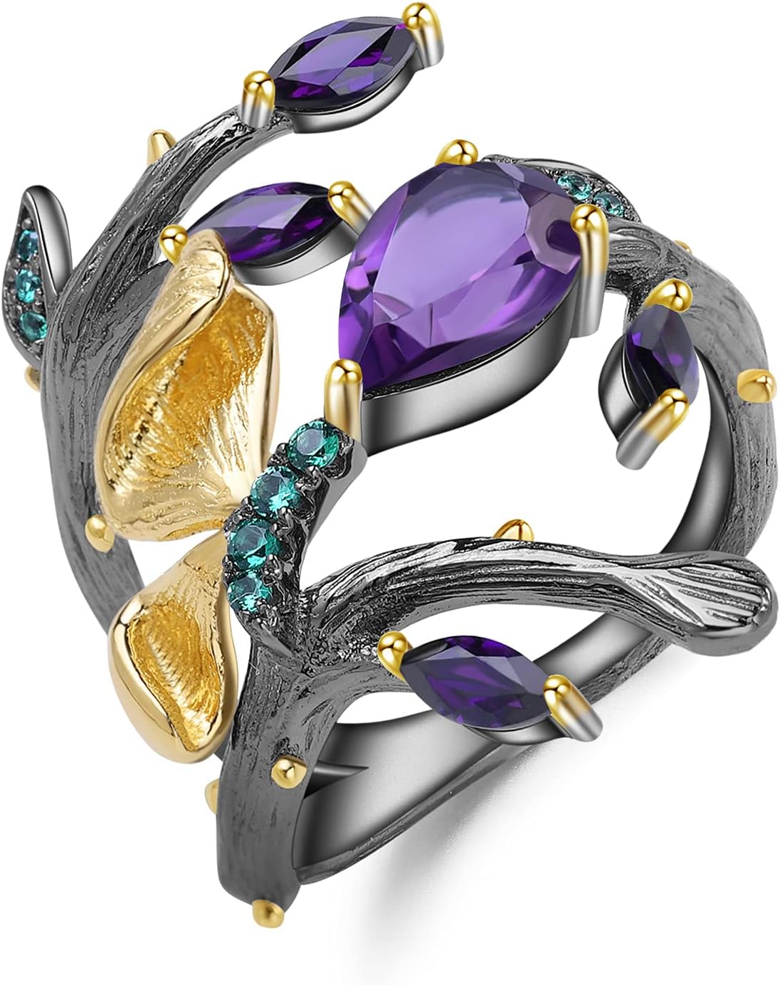 Kemstone Natural Amethyst Gemstones Rings Butterfly Design Sterling Silver Ring,Gold and Black Plating