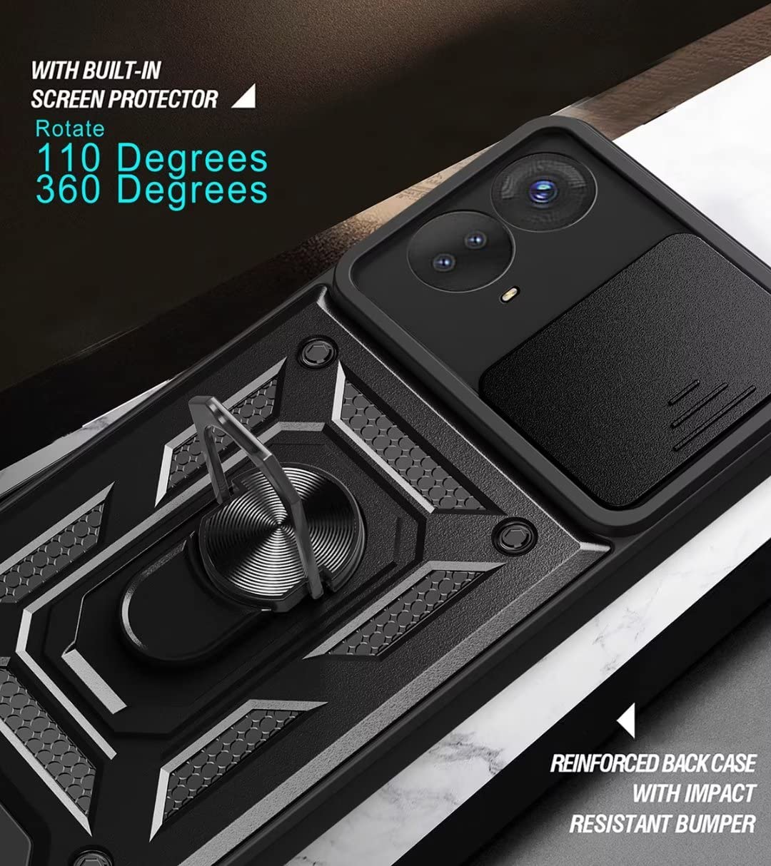 JIAFEI Cover Armor per Motorola Moto G84 5G, Custodia TPU+PC Antiurto con Scorrevole Protezione Fotocamera Cover con 360° Anello Supporto, Blu