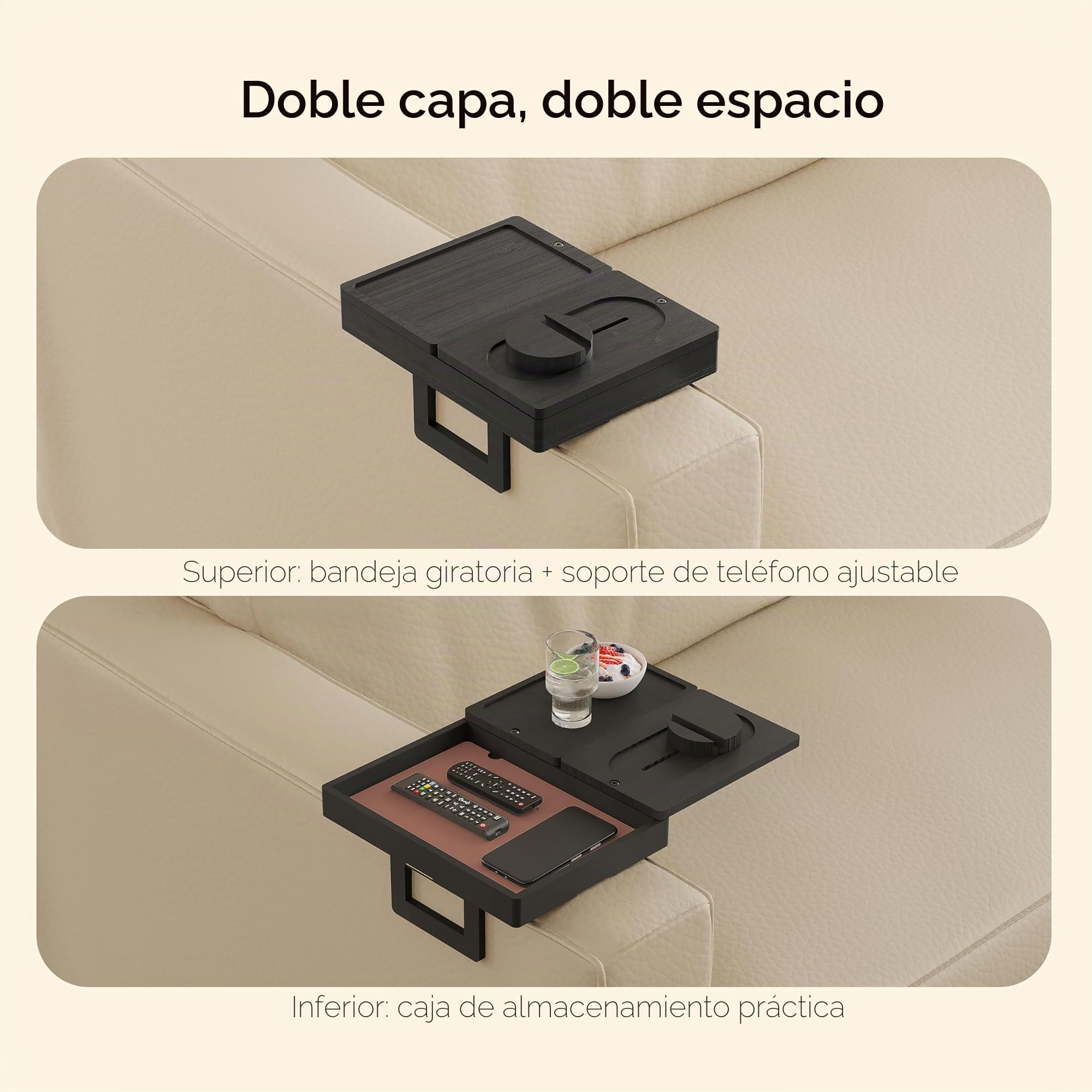 Wealone Bandeja negra para reposabrazos de sofá con 2 bandejas giratorias, mesa ajustable con clip para brazo de sofá con caja de almacenamiento y soporte para teléfono de 360°, mesa de reposabrazos