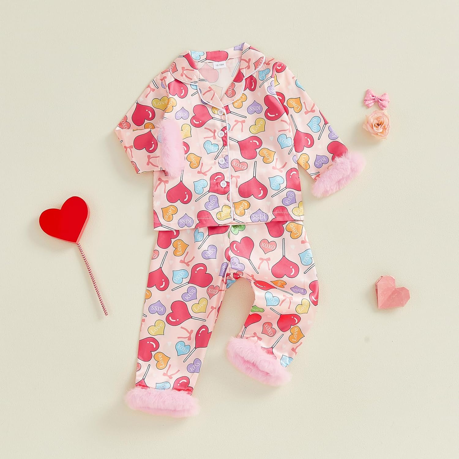 Toddler Girls Valentines Pajamas Bow/Heart Printed Lapel Button Up Long Sleeve Tops with Pants 2Pcs Cute Sleepwear - Image 7