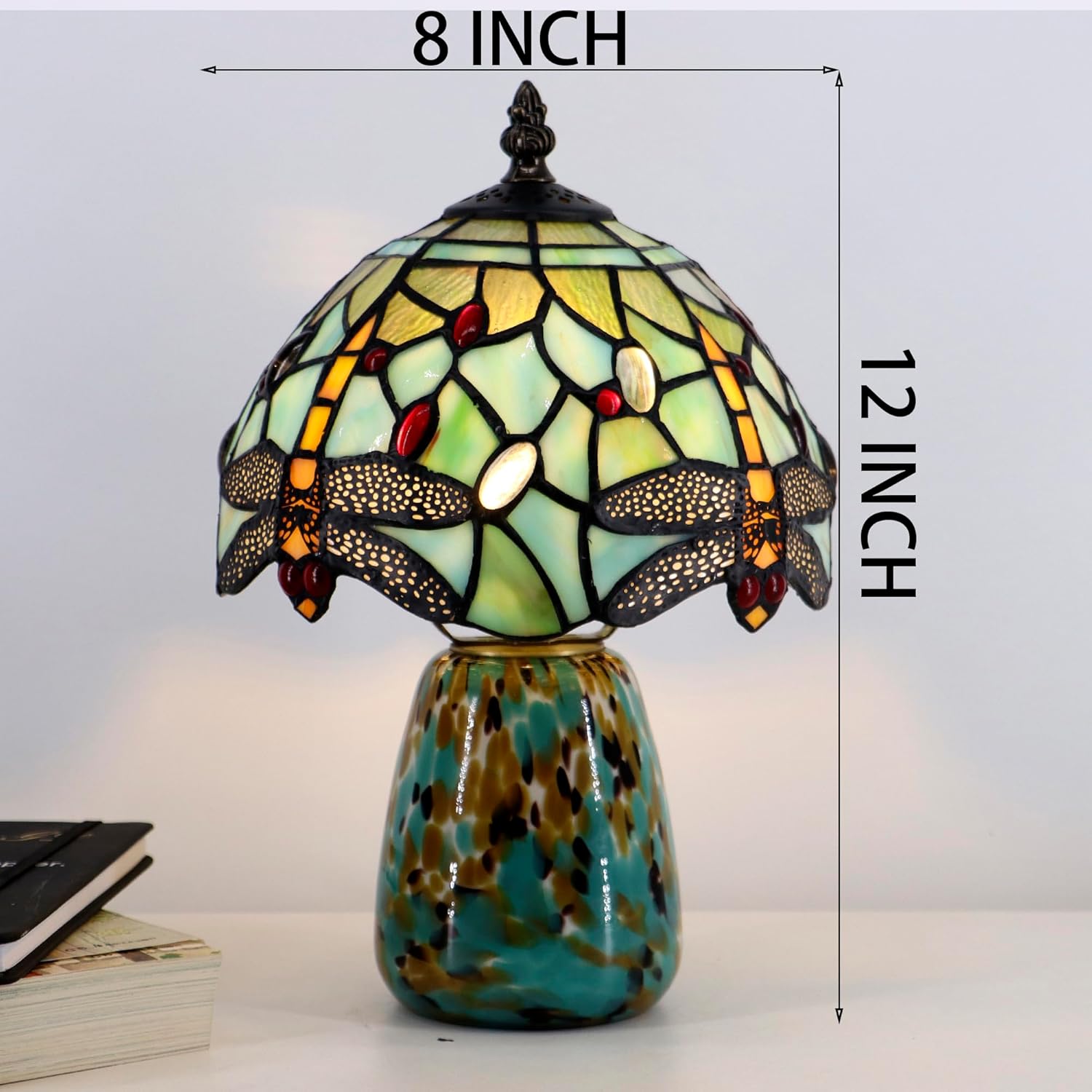 Tiffany Mushroom Table Lamp Dragonfly Style Blue Stained Glass Accent Lamp Brown Blue Glass Base 8X8X12 Inch