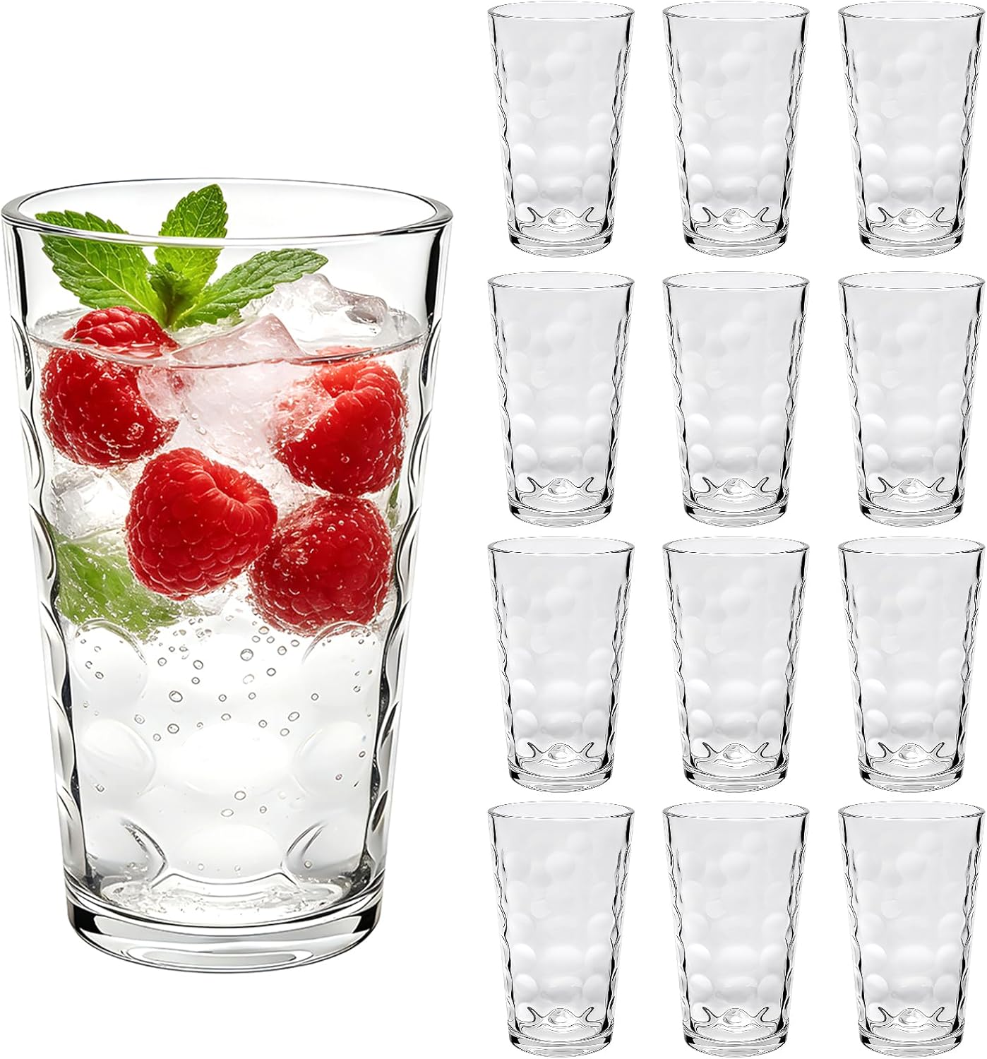 Mapoxy 12 Pack Vintage Hobnail Highball Glass Cups, 16 Oz Textured Drinking Glasses for Water, Juice, Beer, Iced Tea, Cocktails, Clear Glasswares for Home&Bar Use, Dishwasher Safe