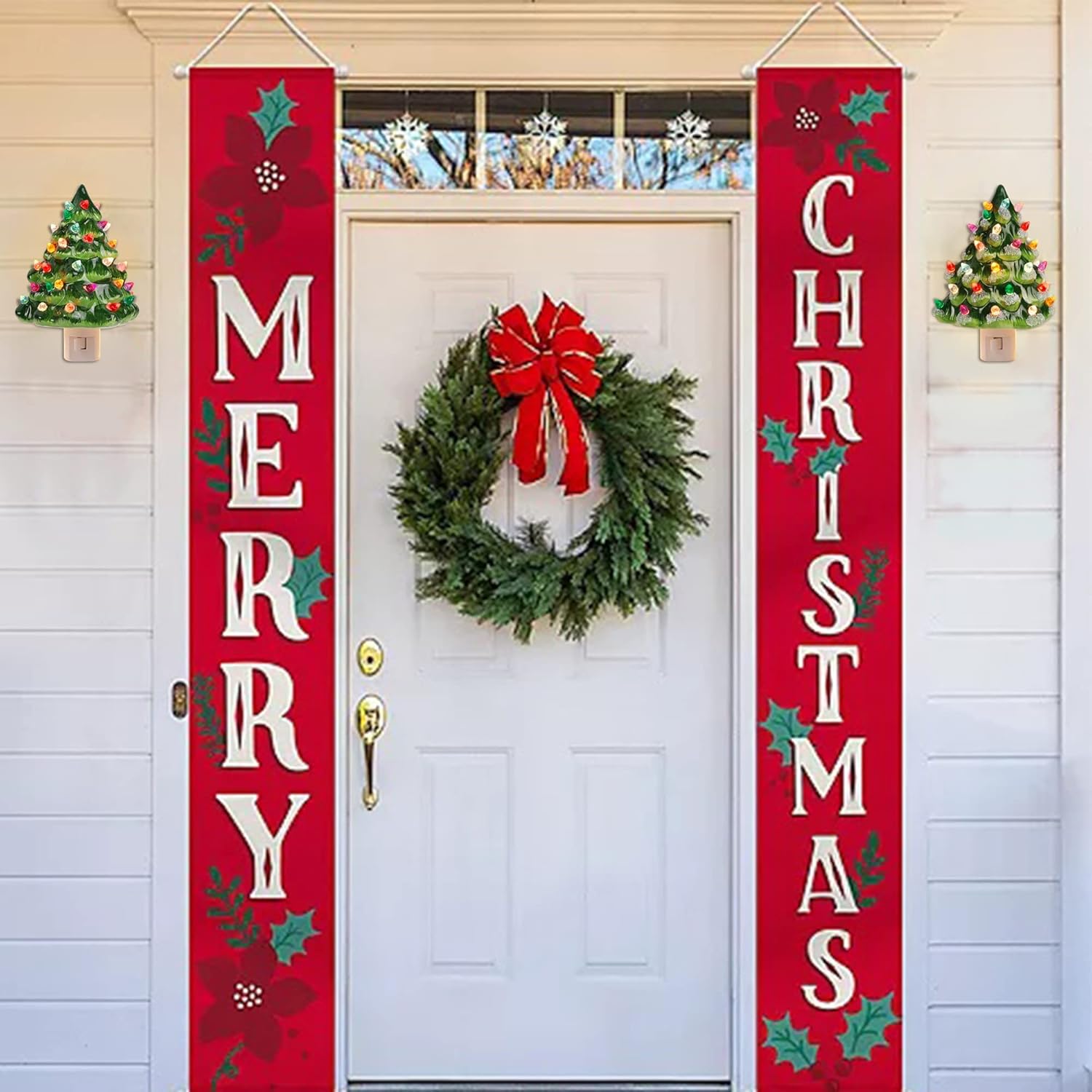 Blissun Set of 2 Ceramic Christmas Tree Night Light, 6" Christmas Decorative Ceramic Tree