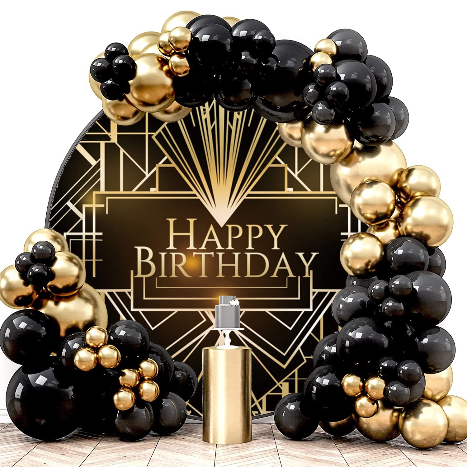 Renaiss Toile de fond ronde « Happy Birthday » - 2 x 2 m - Vintage - Doré, noir et doré - Pour photographie sur le thème des années 20 - 20