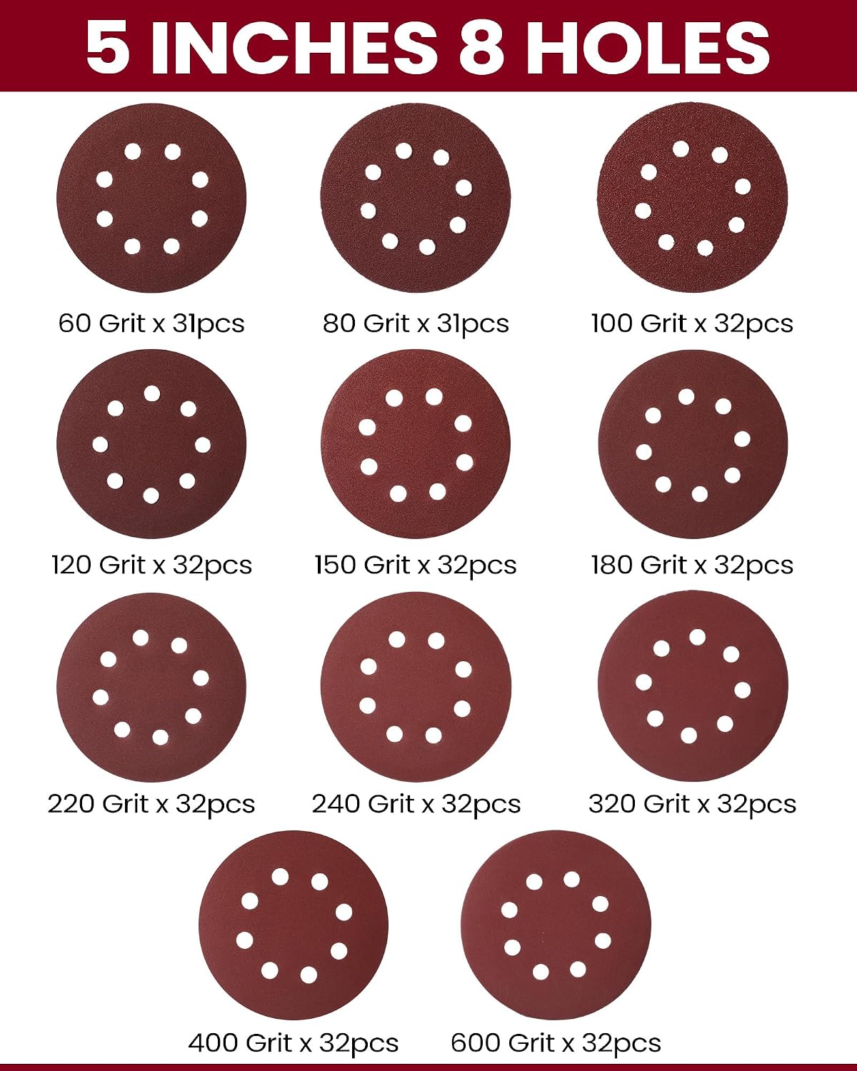 Queekay 350 Pieces 5 Inch 8 Holes Sanding Discs Round Hook and Loop Sandpaper for Random Orbital Sander 60 80 100 120 150 180 220 240 320 400 600 Grit(60 80 100 120 150 180 220 240 320 400 600 Grit)