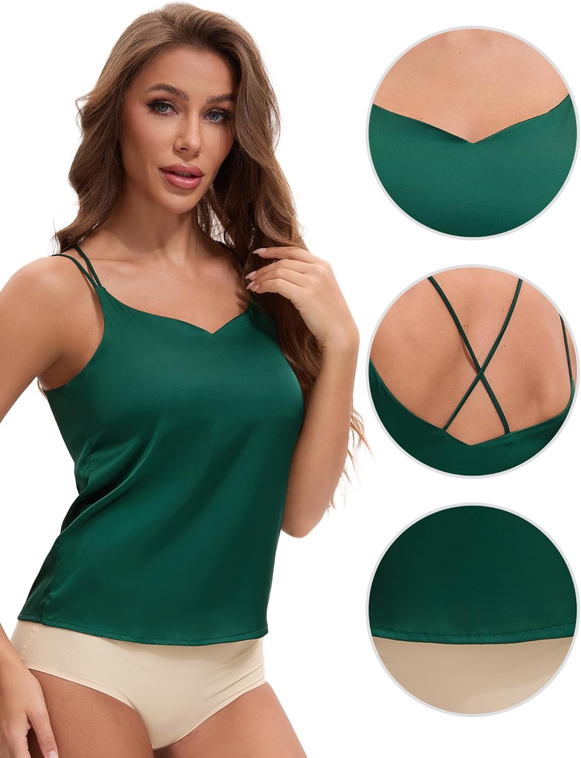 Allegra K Satin Sleeveless Tops for Women V Neck Spaghetti Straps Loose Fit Camisole Lightweight Tanks - Image 3