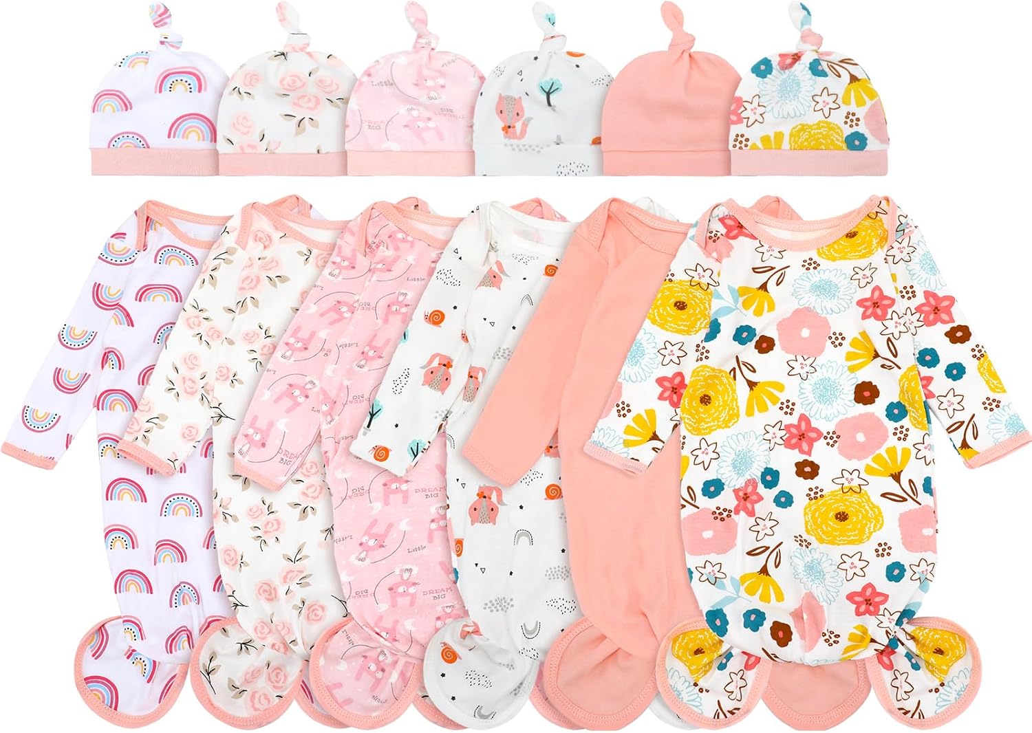 Cuffbow 6 Packs Newborn Baby Knotted Gowns Set 0-6 Months Cotton Sleeper Long Sleeve Nightgown Hat Set for Infant (Sweet Color,Stylish)
