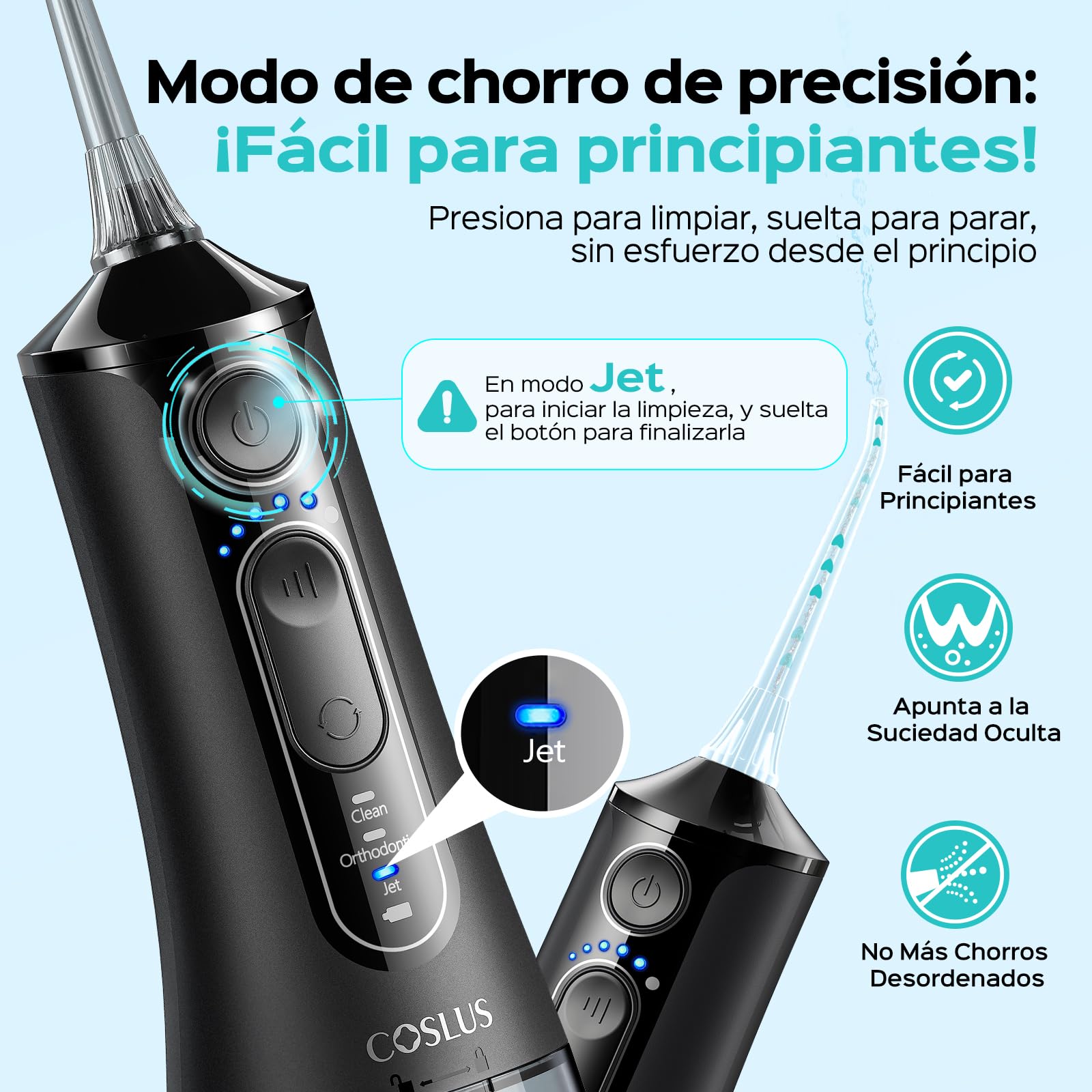 COSLUS C51 Irrigador Dental Bucal Portatil: 3 Modos y 18 Presión Ajustable -300ml IPX7 Irrigador Bucal Inalámbrico para Ortodoncia/Encías Sensibles -Limpieza Dientes de Hogar Viaje - 4 Boquillas Negro