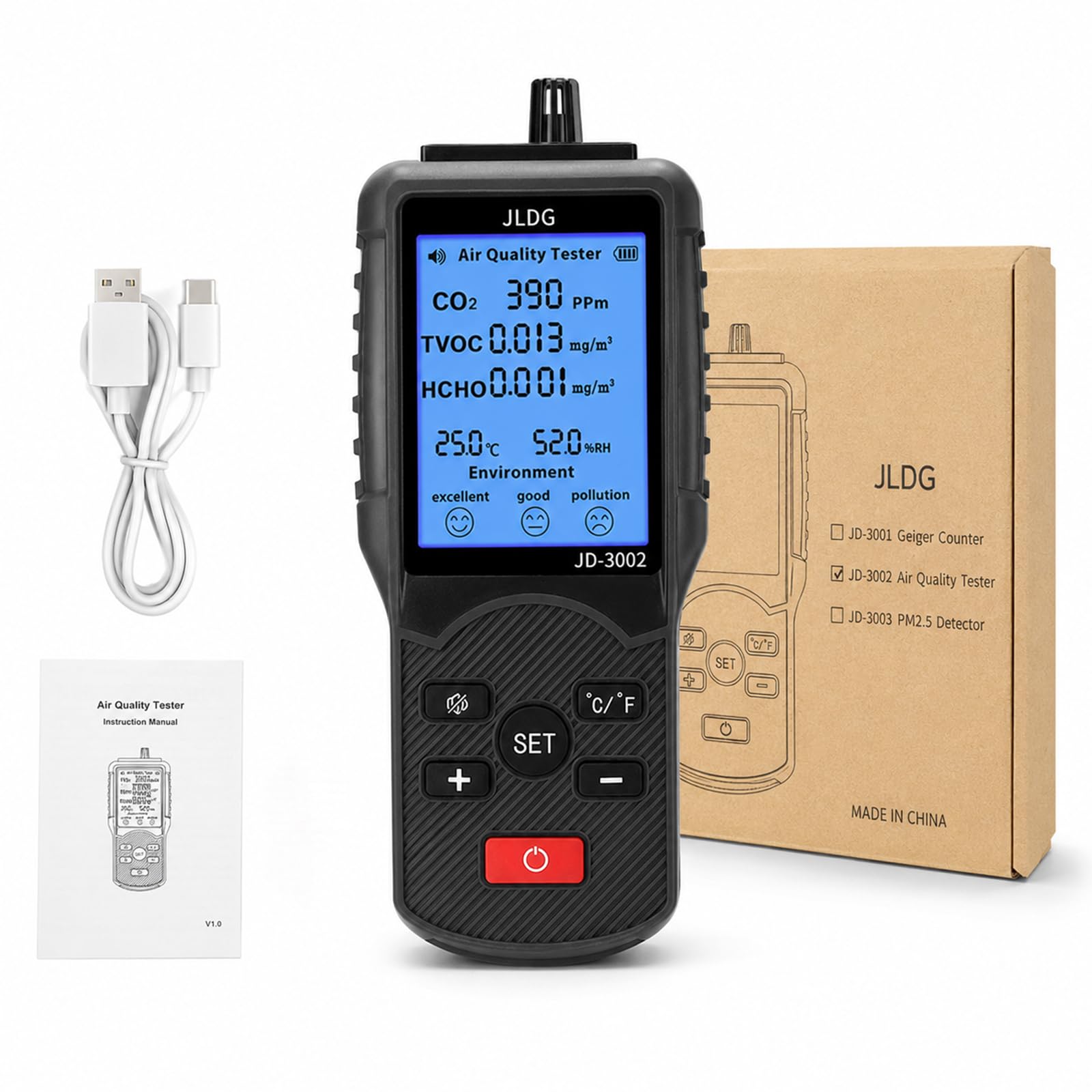 Détecteur de qualité de l'air 5 en 1, testeur de qualité de l'air pour TVOC, HCHO, CO₂, moniteur de qualité de l'air avec température, mesure d'humidité, 2000 ppm, 2 000 mg/m³, 1 000 mg/m³