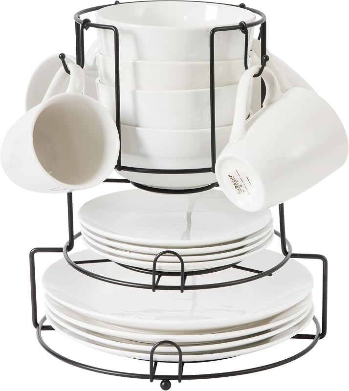 Gibson Home Summit View Juego de platos y tazones de porcelana de 17 piezas con estante de metal - Juego de vajilla para 4 platos, tazones y tazas - Blanco