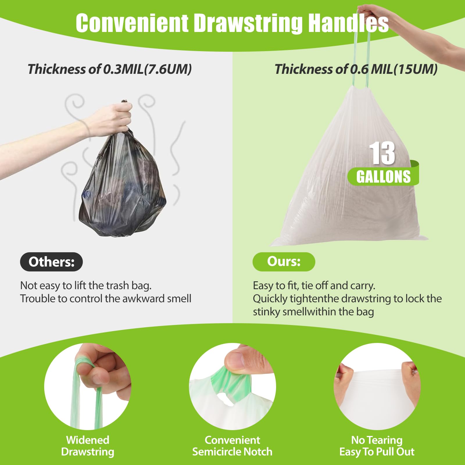 ValueGuard Bolsa de basura grande de 13 galones, ultra fuerte, con cordón alto, reciclada, estándar, para cocina, oficina, 0.6 mil (110 unidades)