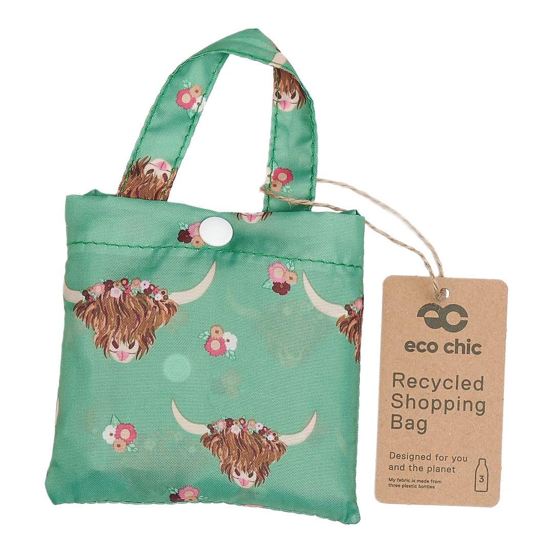 Eco Chic Lightweight Foldable Reusable Shopping Bag Water Resistant Tote Bag (Floral Highland Cow Green) - Image 2