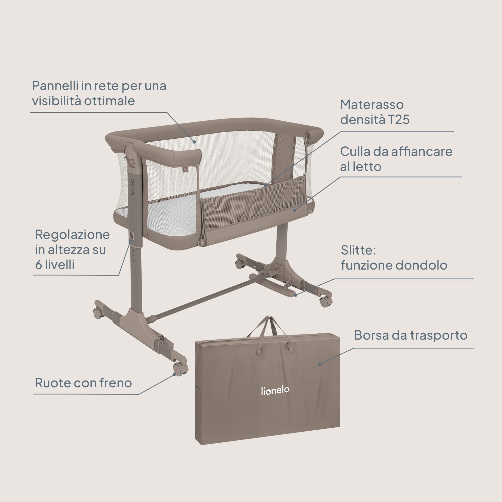 lionelo PARI Culla Co Sleeping Fianco Letto 3 in 1, Regolabile in Altezza 6 Livelli, Materasso T25 2 cm, Ruote con Blocco e Dondolo, Gambe Regolabili per Letto Continentale, Rivestimento Lavabile