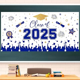 Graduation Decorations 2025 - Blue Gold Congrats Grad Plastic Backdrop Banner, Large Class of 2025 Grad Backdrops Photo Props for Graduation Party Decoration Photography Supplies, 65 x 32.7 Inch
