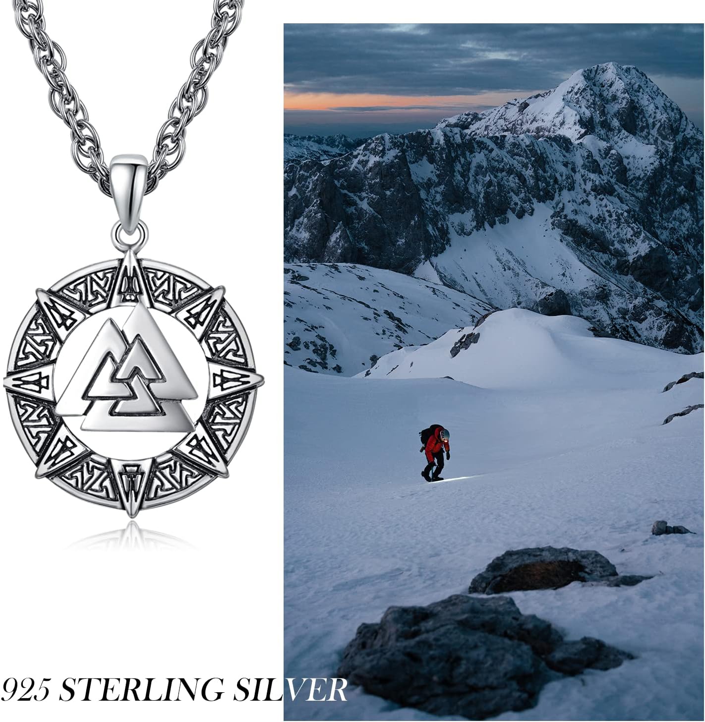 TANGPOET Valknut Necklace for Men 925 Sterling Silver Norse Pendant Necklace Viking Jewelry Nordic Gifts for Bithday Christmas Fathers Day with 20"+2" Chain Gift Box - Image 6