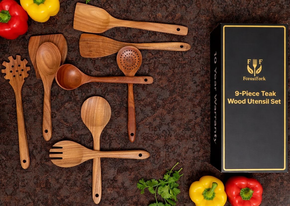 Wooden Kitchen Utensil Set, 9-Piece Teak Wood Kitchen Spoons for Cooking- Durable, Comfortable Grip, Non-Stick, Heat Resistant, Non-Scratch Kitchen Utensils-Perfect Cooking Gift - Image 4
