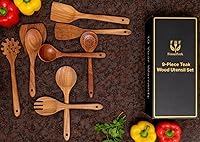 Vista 4 de Juego de utensilios de cocina de madera, 9 piezas, cucharas de cocina de madera de teca para cocinar, duradero, agarre cómodo, antiadherente