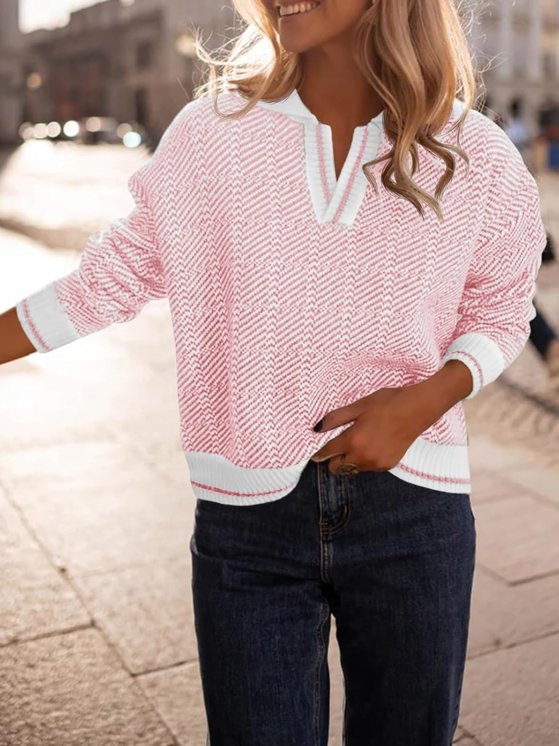 Saodimallsu Womens Fall Sweaters Tops Lapel V Neck Knit Sweater Color Block Long Sleeve Casual Soft Pullover Shirt - Image 3