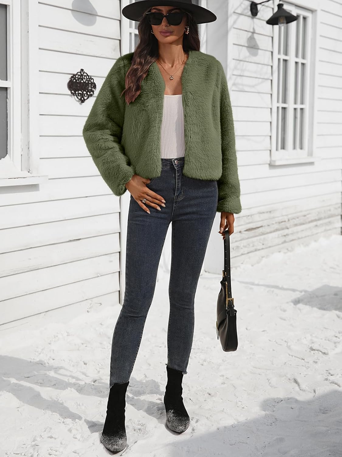 Women's Faux Fur Cropped Jacket Crew Neck Long Sleeve Oversized Shrugs for Dresses Fluffy Coats Pocket Winter - Image 5