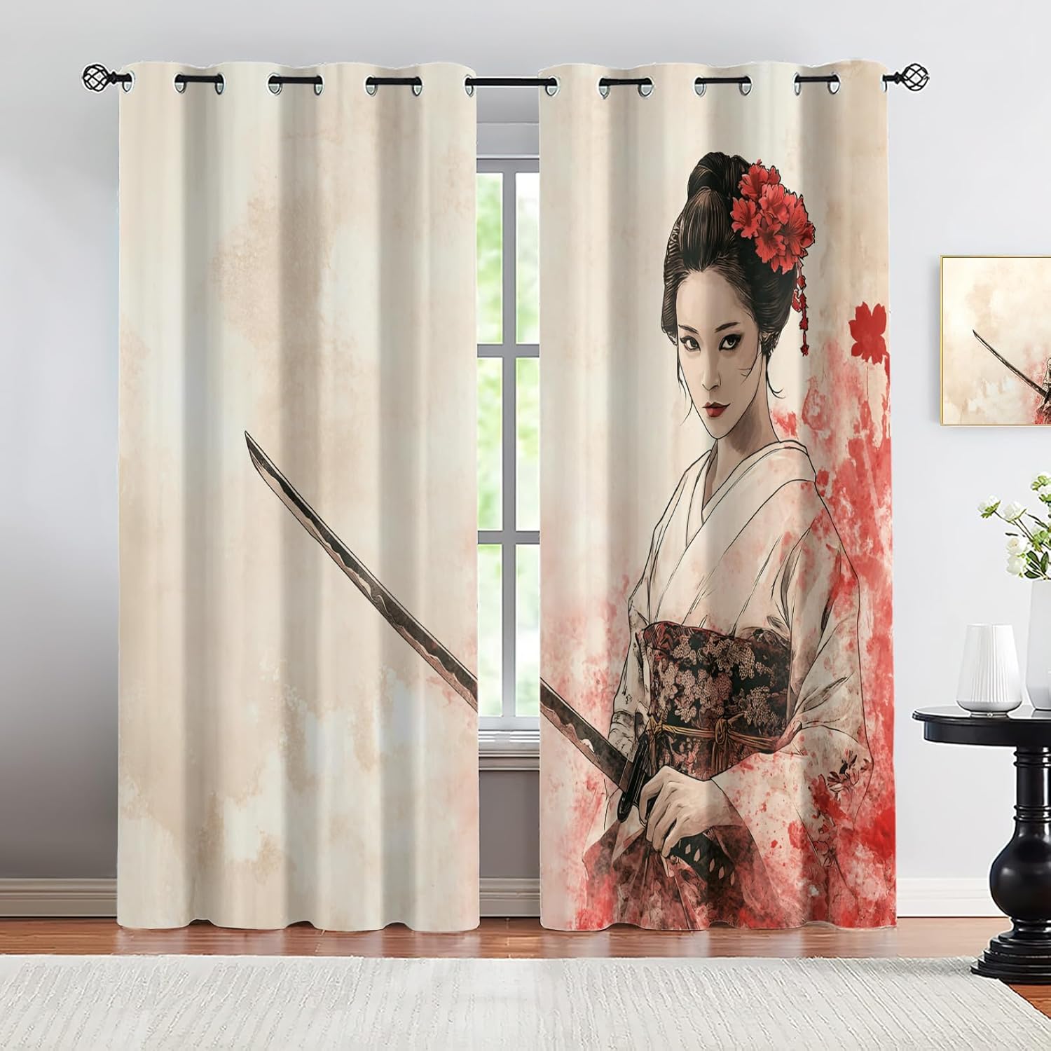 Kimono Geisha Small Window Curtains, Vintage Aesthetic Short Curtains for Windows Japanese Illustration Kitchen Curtain Over Sink for Laundry Room Loft, 19.5" x 39", 2 Panels