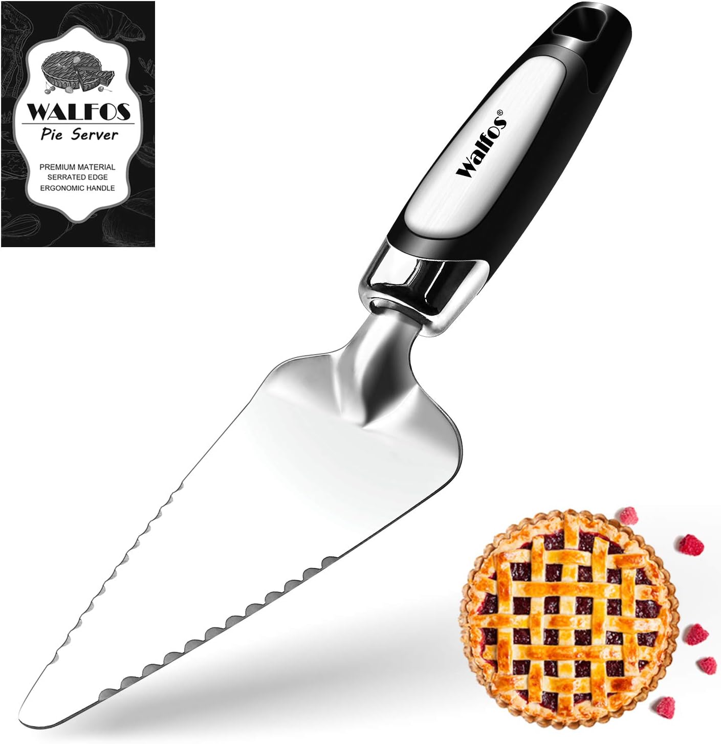 Walfos Pie Server, Stainless Steel Pie Spatula, Serrated on Both Sides, Comfortable Handle Easy to Grip, Professional Cake Cutter-Great for Pies, Pizza, Cake, Cheesecake and Lasagna (1 piece)