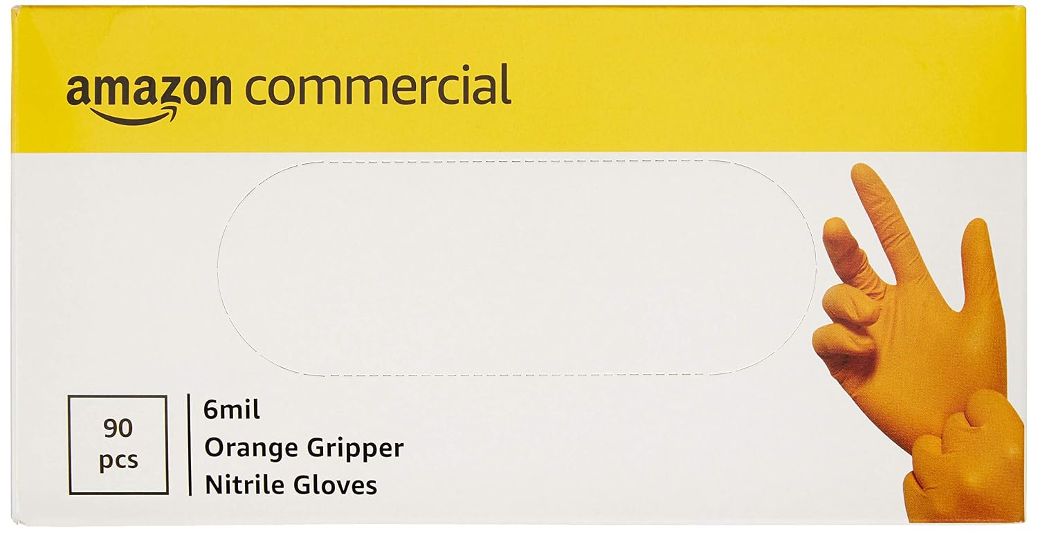 AmazonCommercial Powder Free Disposable Nitrile Gloves, 6 mil, Orange, Tyre-Tread Textured, 240mm, Size XXL, 90 per Pack