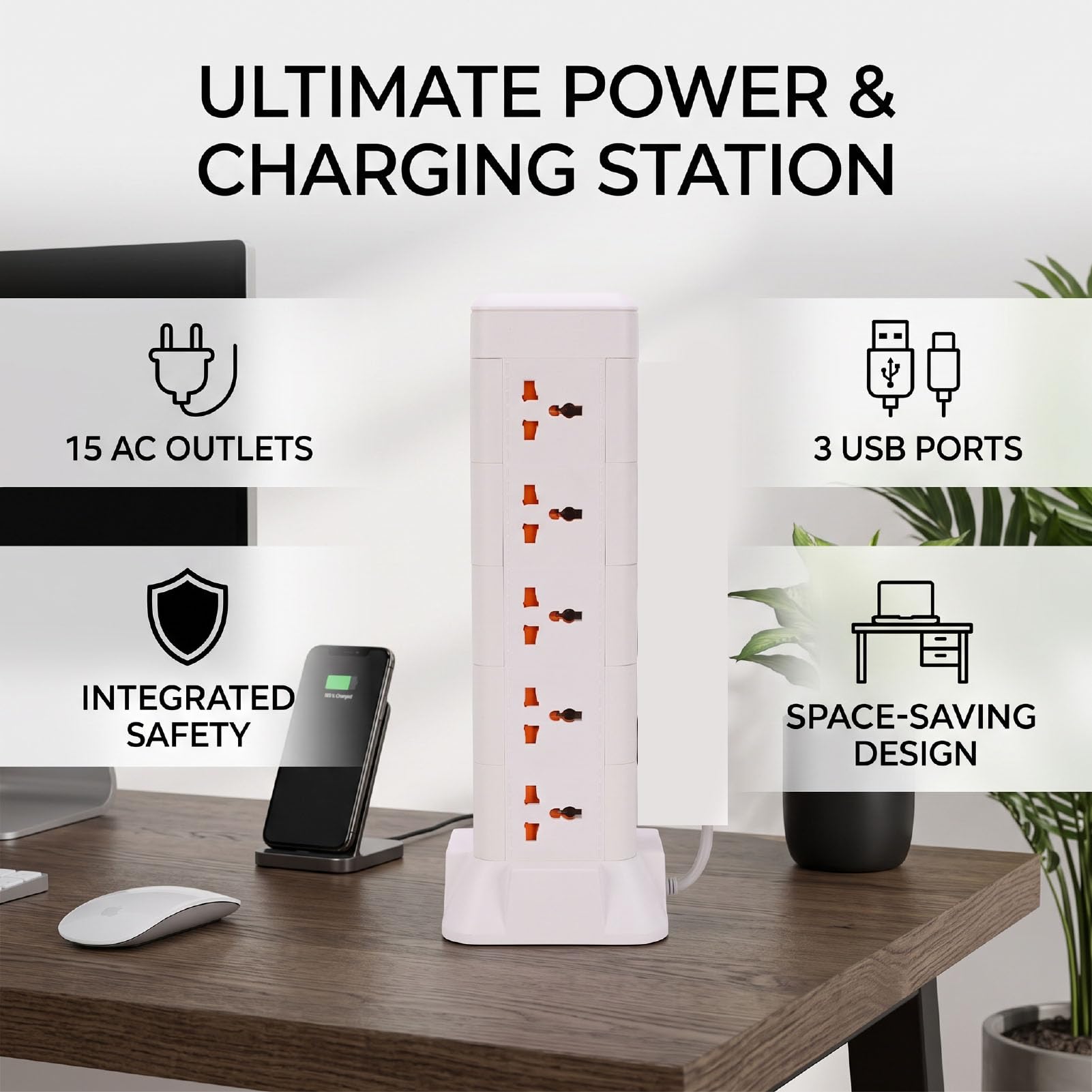Ciabatta a Torre con Luce, 15 Prese e 3 Porte USB (Spina europea | Presa a Torre Multipresa, 15 CA 3 USB, Luce di Protezione da Sovraccarico, ABS Ignifugo, Dormitorio per Scrivania da Ufficio