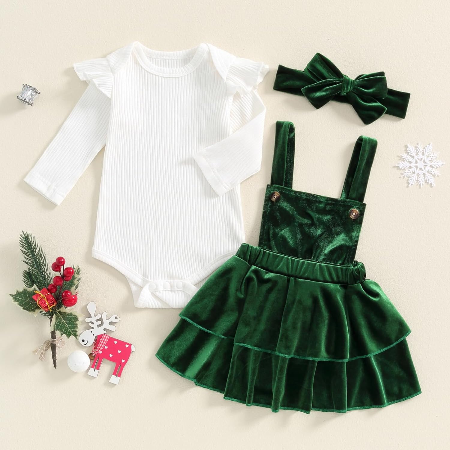 Thorn Tree Newborn Baby Girls Christmas Outfits Long Sleeve Onesie Romper+Velvet Suspender Skirts+Headband Clothes - Image 8