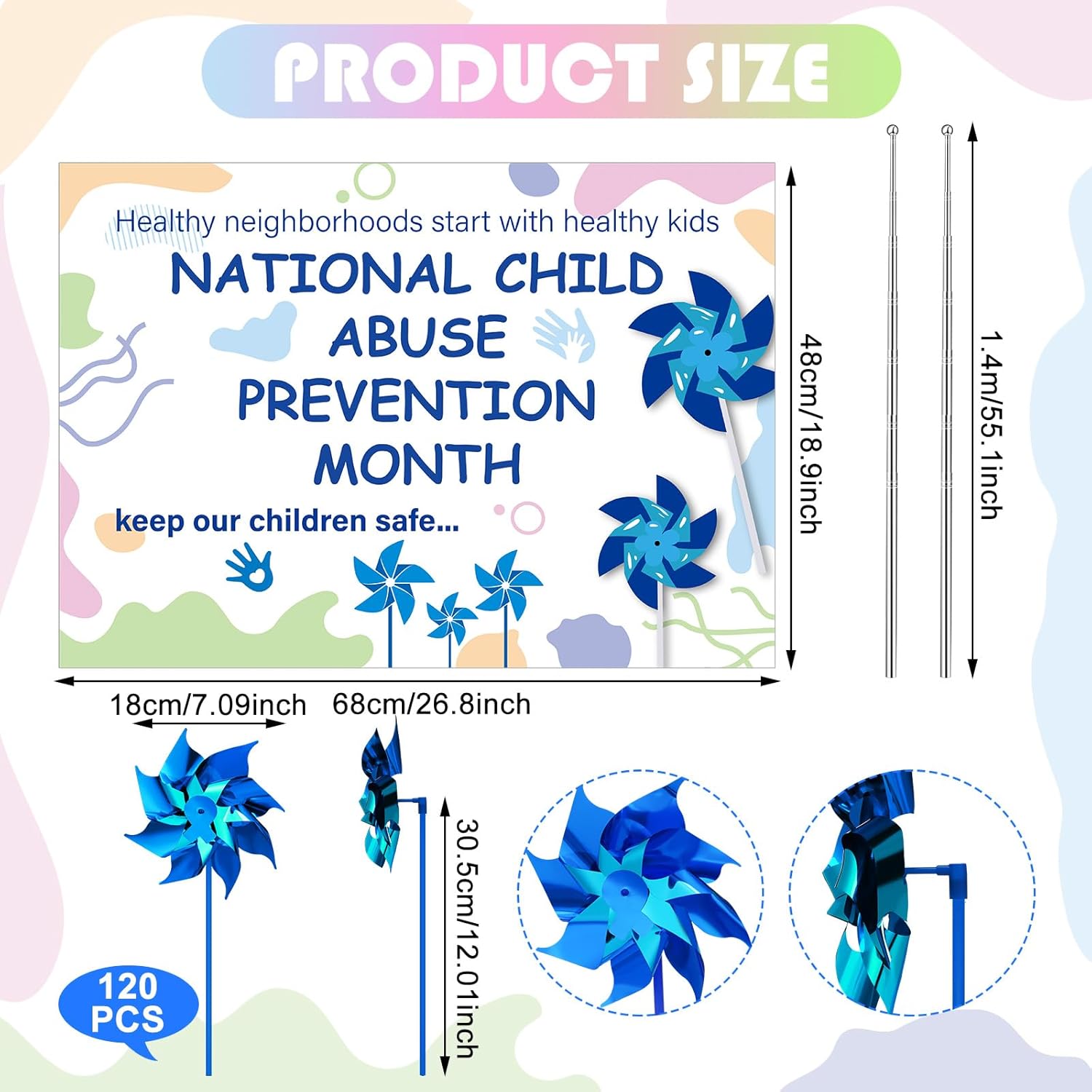 123 Pcs Child Abuse Prevention Awareness Month Yard Sign Blue Pinwheels Bulk for Planting Pinwheels to Garden Fundraising Awareness Support Events Charity Gift-giving Patio Decor, 7.09 Inch